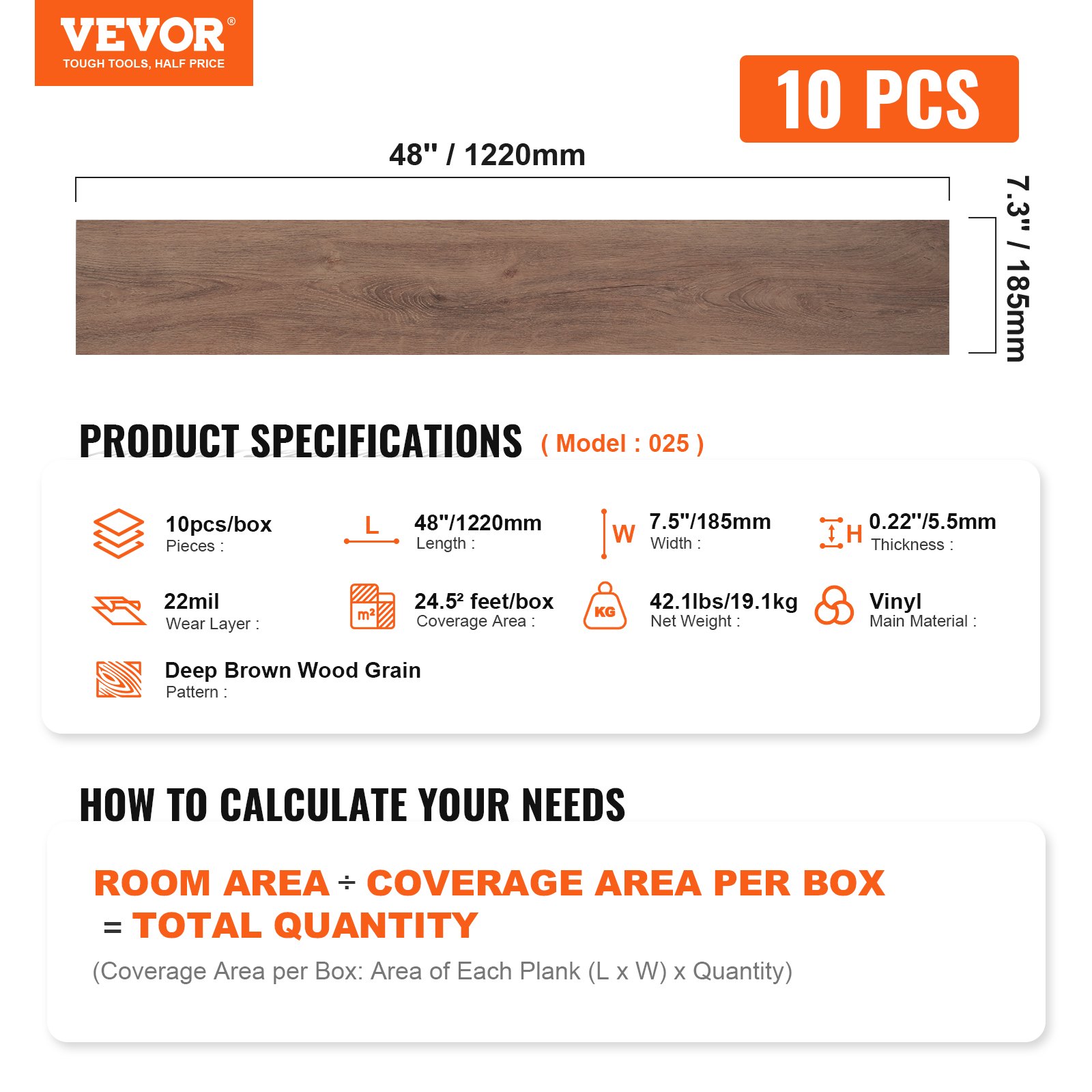 Interlocking Vinyl Floor Tiles 48 X 7.3 Inch, 10 Tiles 5.5mm Thick Snap Together, Deep Brown Wood Grain DIY Flooring For Kitchen, Dining Room, Bedrooms & Bathrooms, Easy For Home Decor