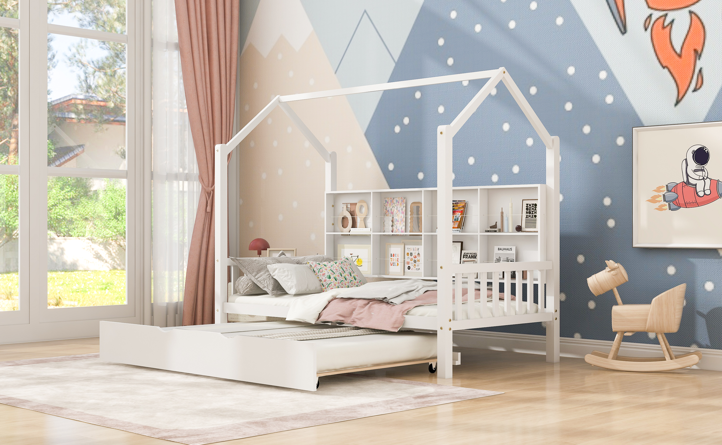 Wooden Twin Size House Bed With Trundle,Kids Bed With Shelf, White