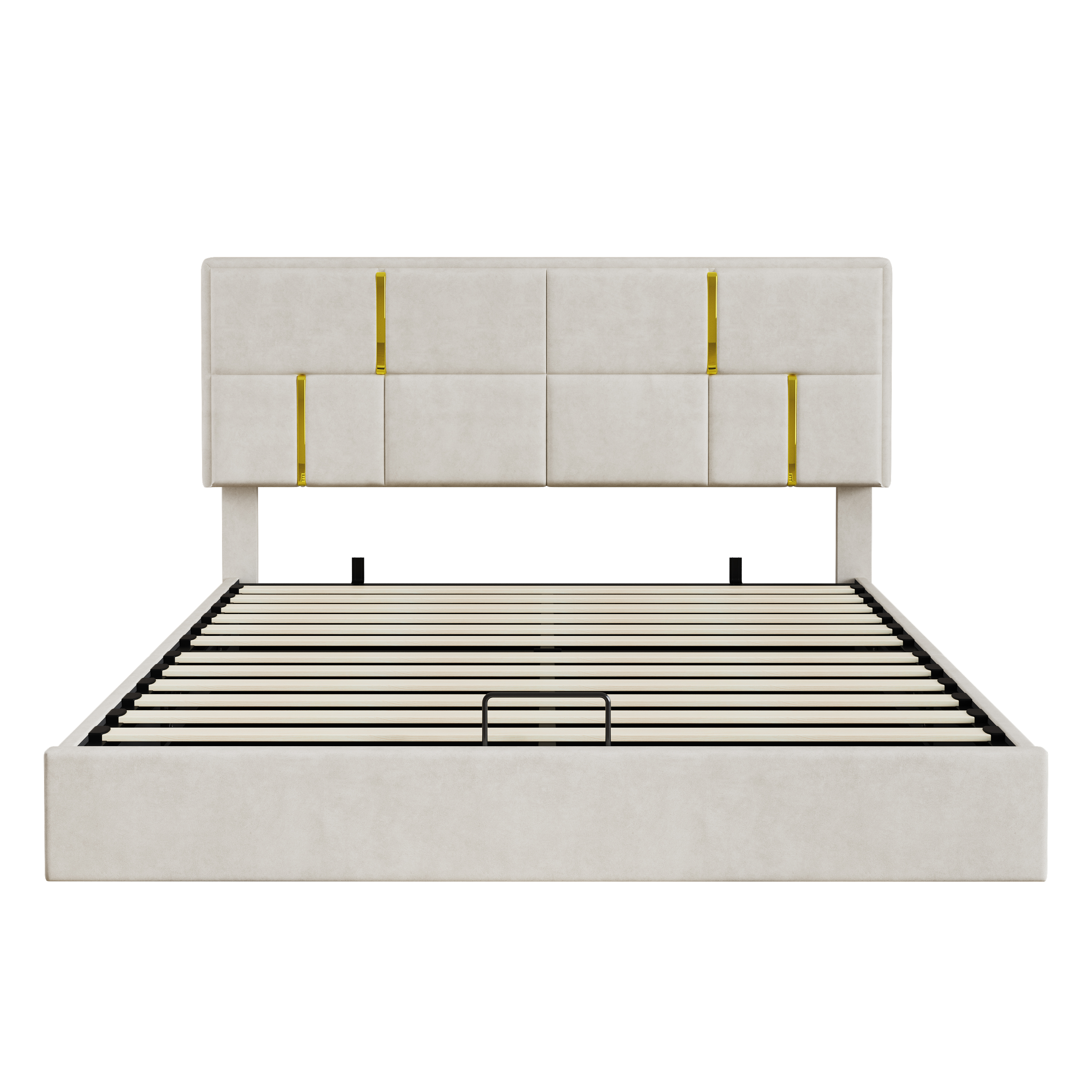 Queen Size Upholstered Platform Bed With Hydraulic Storage System,No Box Spring Needed,Beige_voghion.com
