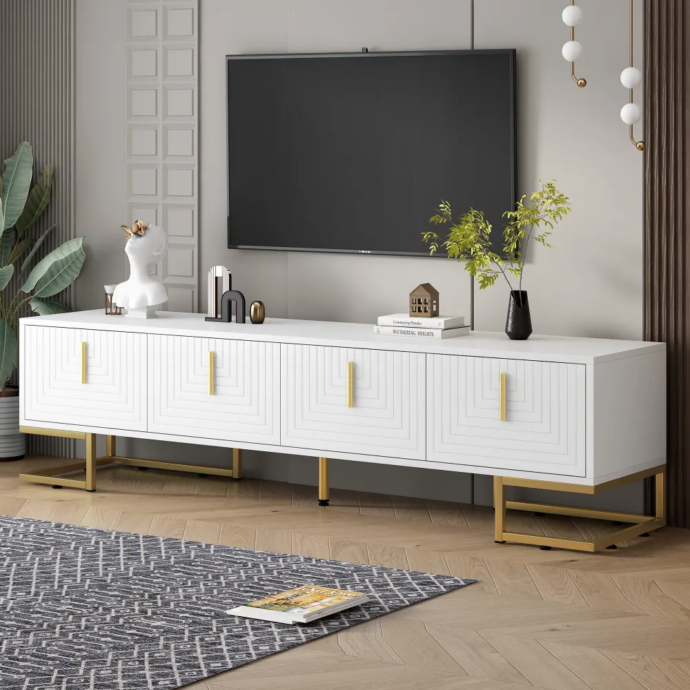 ON-TREND Modern TV Stand With Metal Legs And Gold Handles For TVs Up To 80'', Media Console Table With Cabinets And Adjustable Shelves, Luxury TV Cabinet With Geometric Lines For Living Room, White
