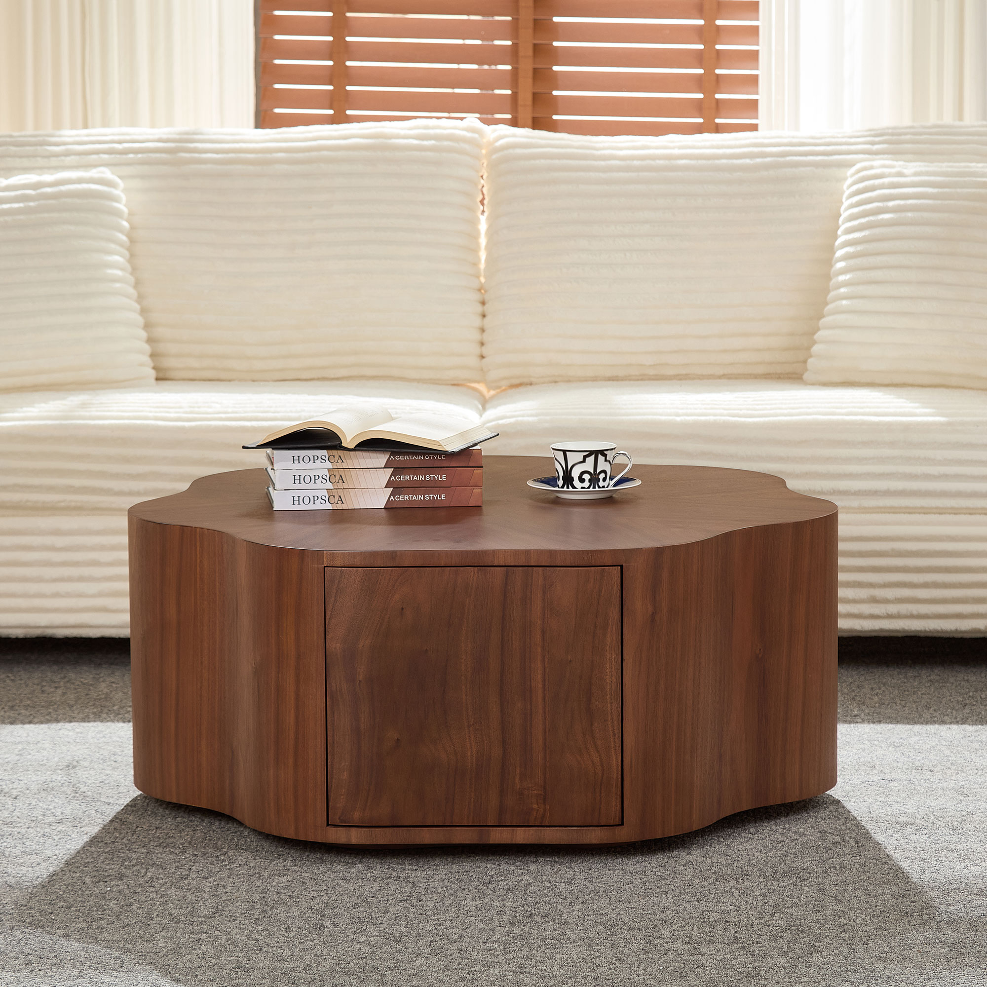 35.43 Inch Petal - Shaped Design Round Coffee Table,Small Coffee Table With Hidden Drawer For Living Room,Apartment,Walnut Color_voghion.com