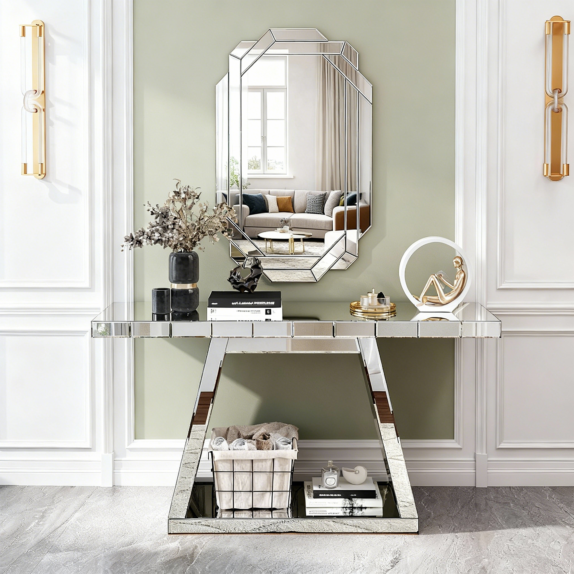 55.9 Modern Luxe Full-Body Mirror Entryway Table With Trapezoid Base -360 Reflective Console Table, Sturdy Wooden Frame, Scratch-Resistant Design & Open Storage For Hallway, Living Room, Staircase_voghion.com