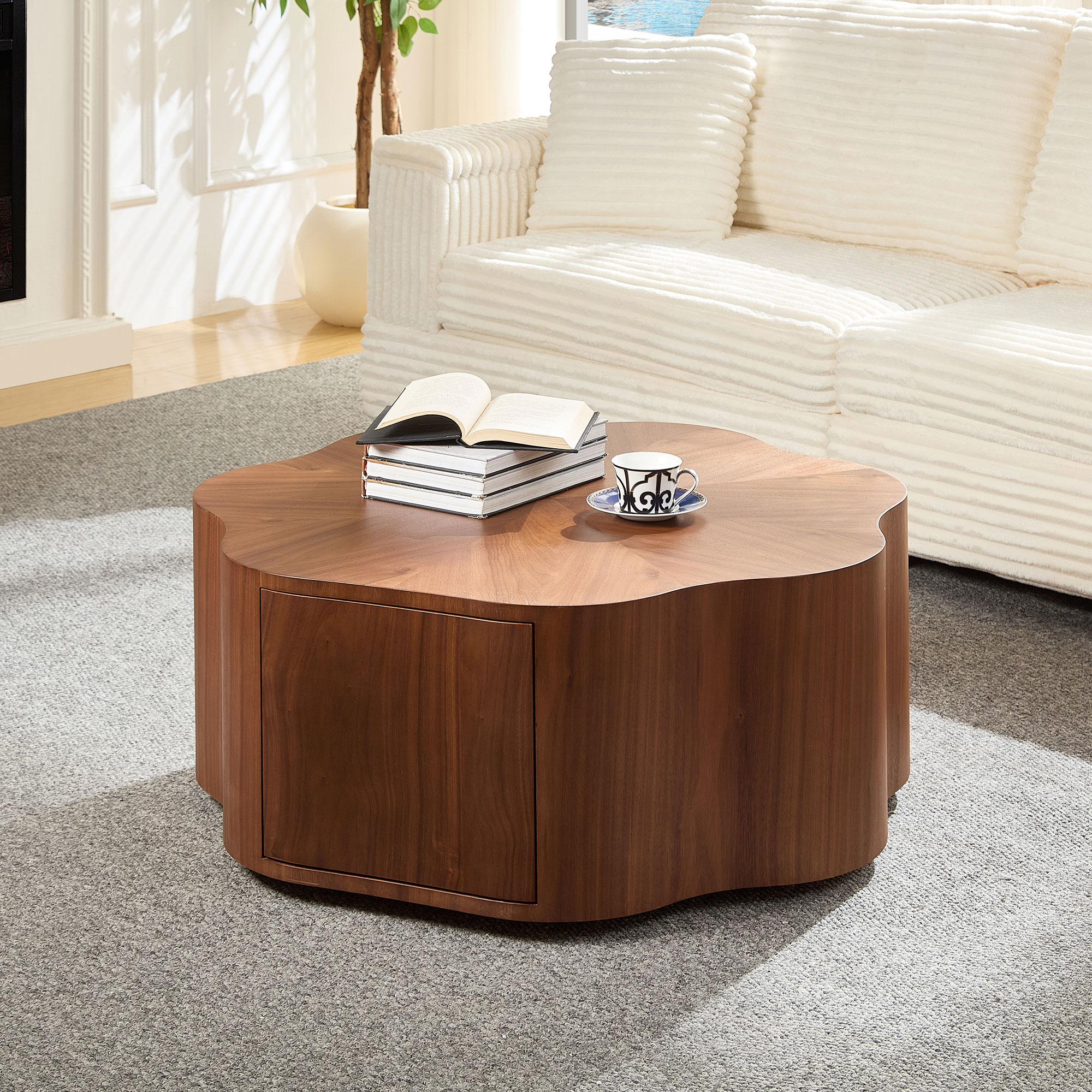 35.43 Inch Petal - Shaped Design Round Coffee Table,Small Coffee Table With Hidden Drawer For Living Room,Apartment,Walnut Color_voghion.com