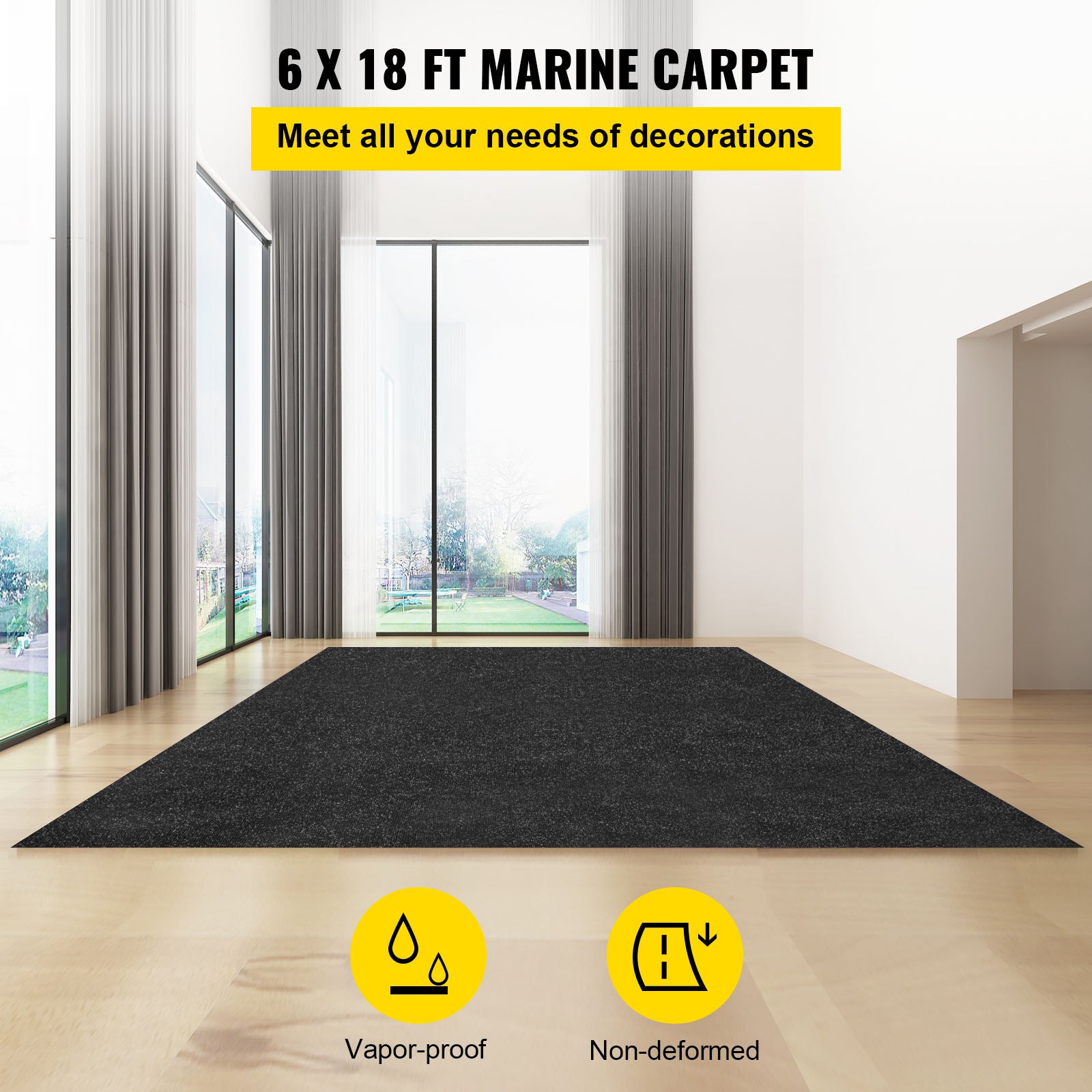 Marine Carpet, 6 X 18 Ft Boat Carpeting, Charcoal Black Marine Grade Boat Carpet, Indoor/Outdoor Marine Carpeting W/ Water-proof TPR Backing, Water-proof Carpet Roll For Home, Patio, Porch, Deck
