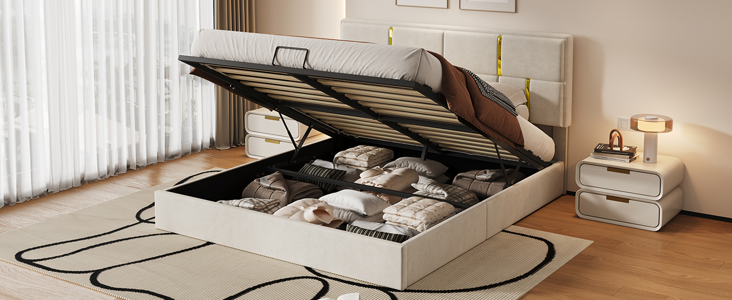 Queen Size Upholstered Platform Bed With Hydraulic Storage System,No Box Spring Needed,Beige_voghion.com
