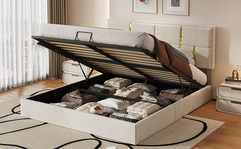 Queen Size Upholstered Platform Bed With Hydraulic Storage System,No Box Spring Needed,Beige_voghion.com