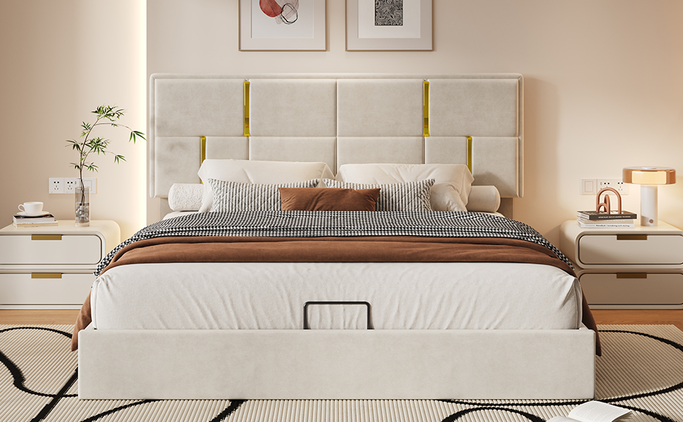 Queen Size Upholstered Platform Bed With Hydraulic Storage System,No Box Spring Needed,Beige_voghion.com