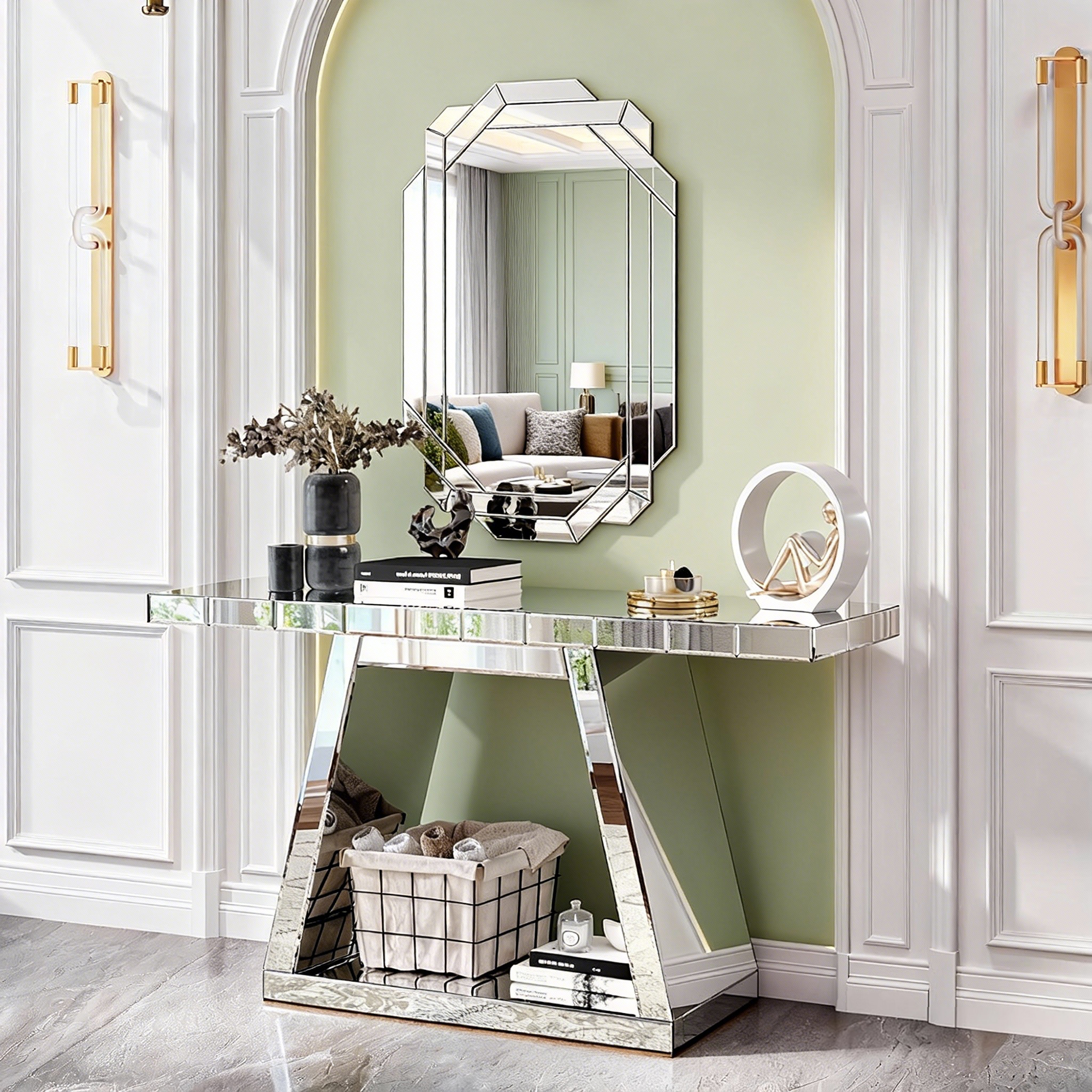 55.9 Modern Luxe Full-Body Mirror Entryway Table With Trapezoid Base -360 Reflective Console Table, Sturdy Wooden Frame, Scratch-Resistant Design & Open Storage For Hallway, Living Room, Staircase_voghion.com