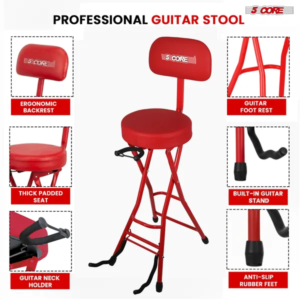 5Core Guitar Stool 3.15" Padded Chair W Backrest Foldable Music Seat Built In Foot Rest Guitar Stand
