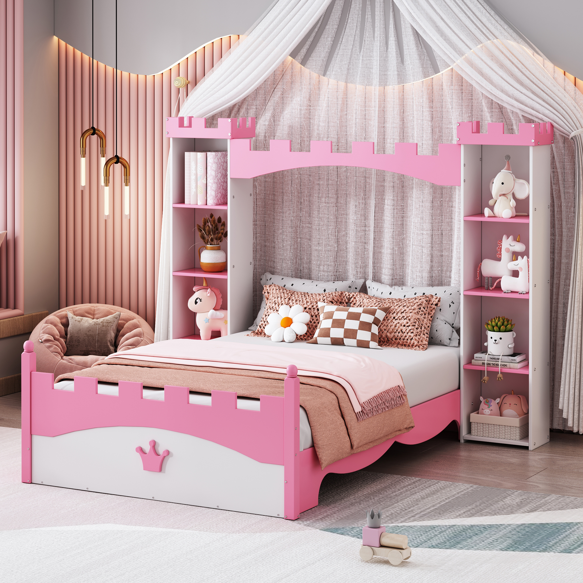 Castle-Shaped Wooden Bed With Storage Shelf, Dreamy Twin Size Platform Bed For Kids Bedroom, White    Expected Arrival Time 8.14