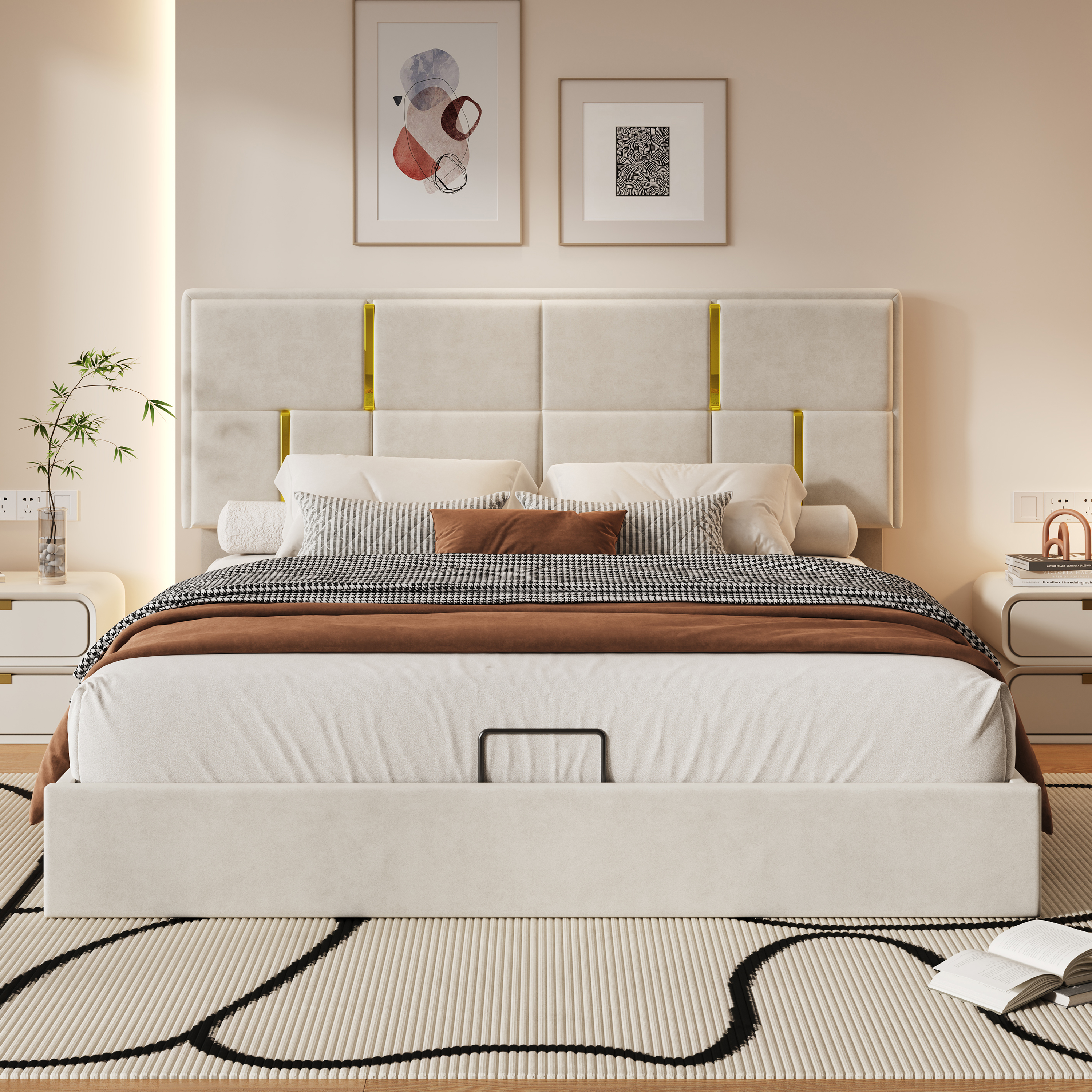 Queen Size Upholstered Platform Bed With Hydraulic Storage System,No Box Spring Needed,Beige_voghion.com