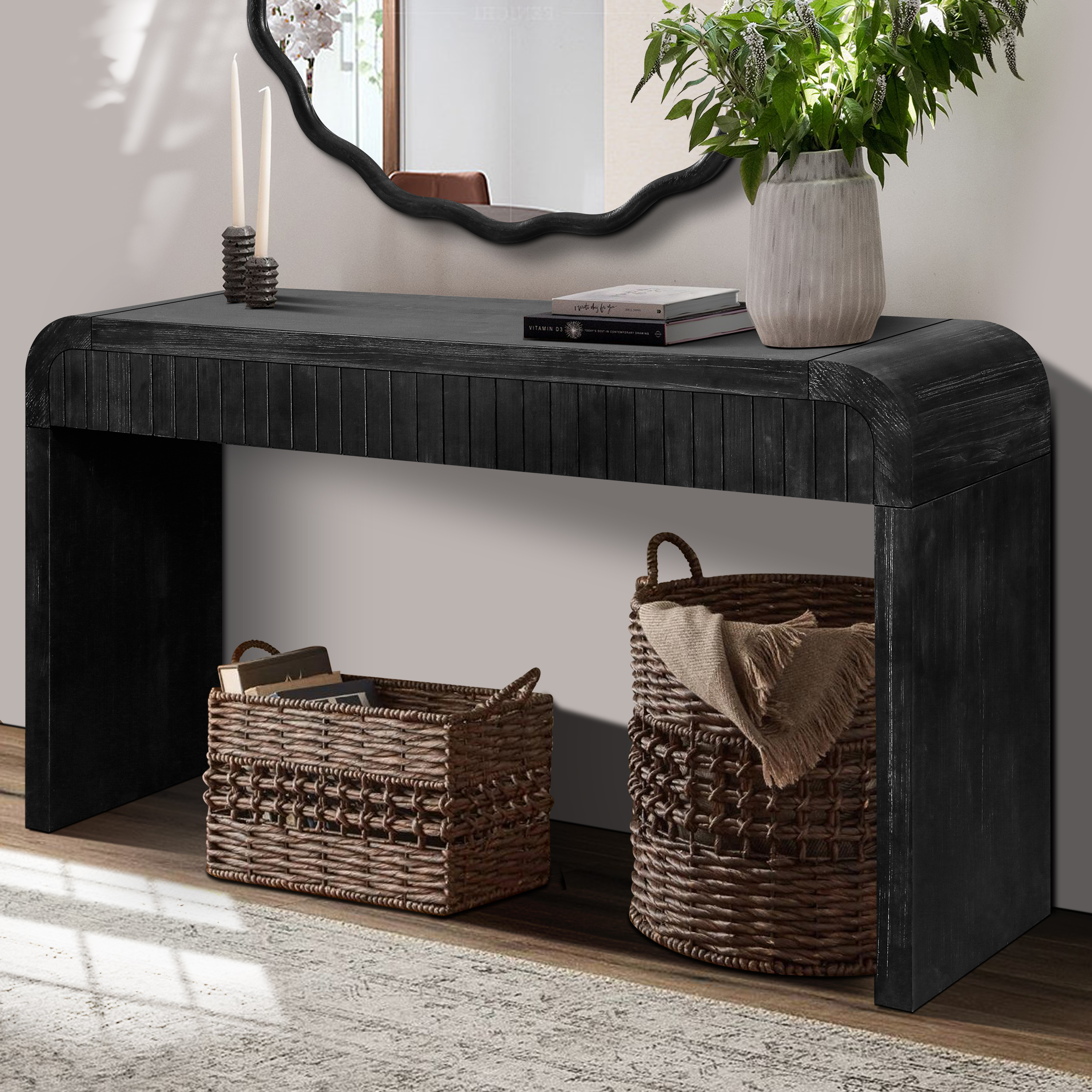 59 Vintage Crafted Entryway Table,Two Hidden Handle Drawers,Farmhouse Console Table ,Easy Assembly, For Entrance & Dinning Room & Living Room & Hallway Antique Black_voghion.com