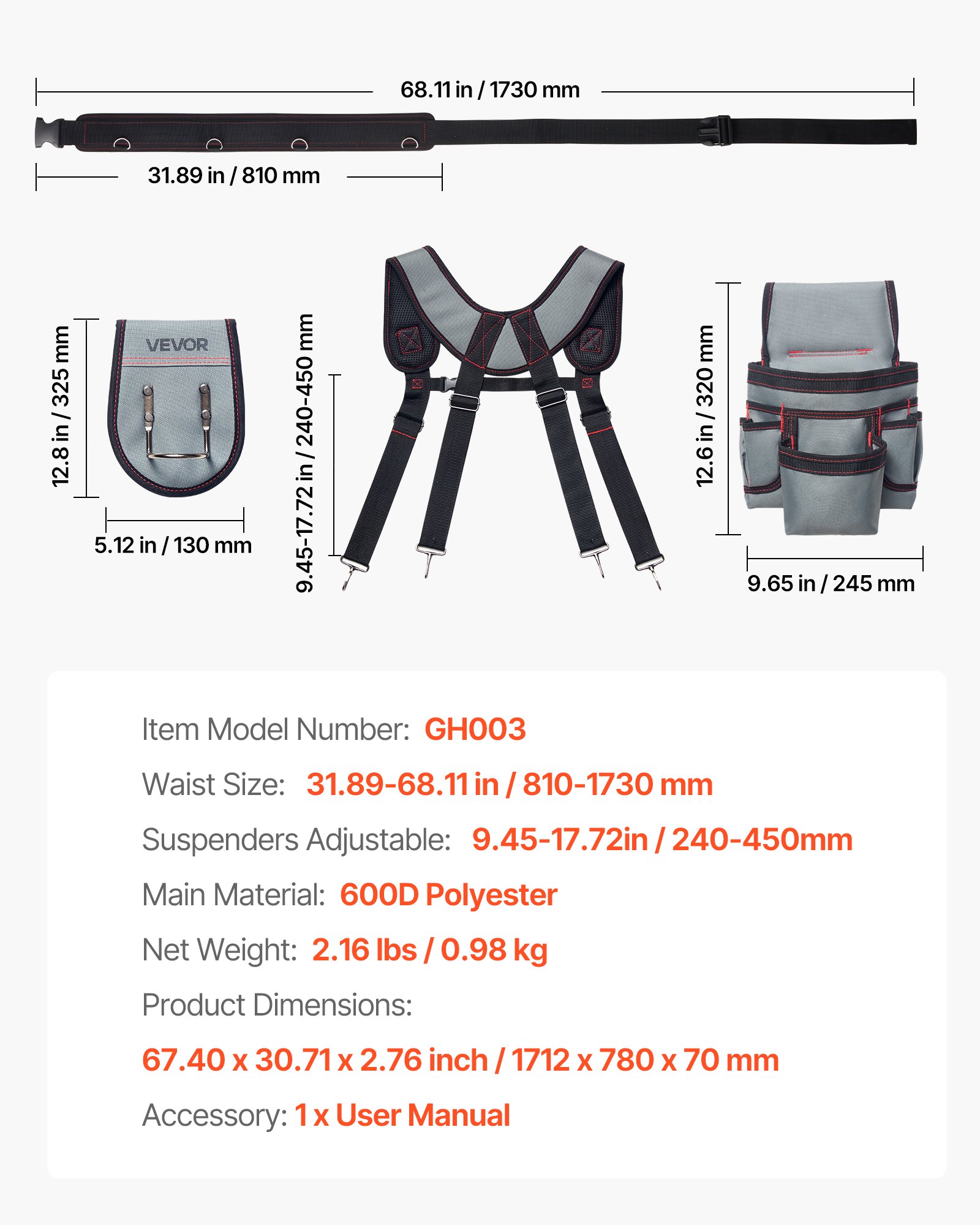 Tool Belt, 22 Pockets Tool Pouch With Suspenders For Men, He