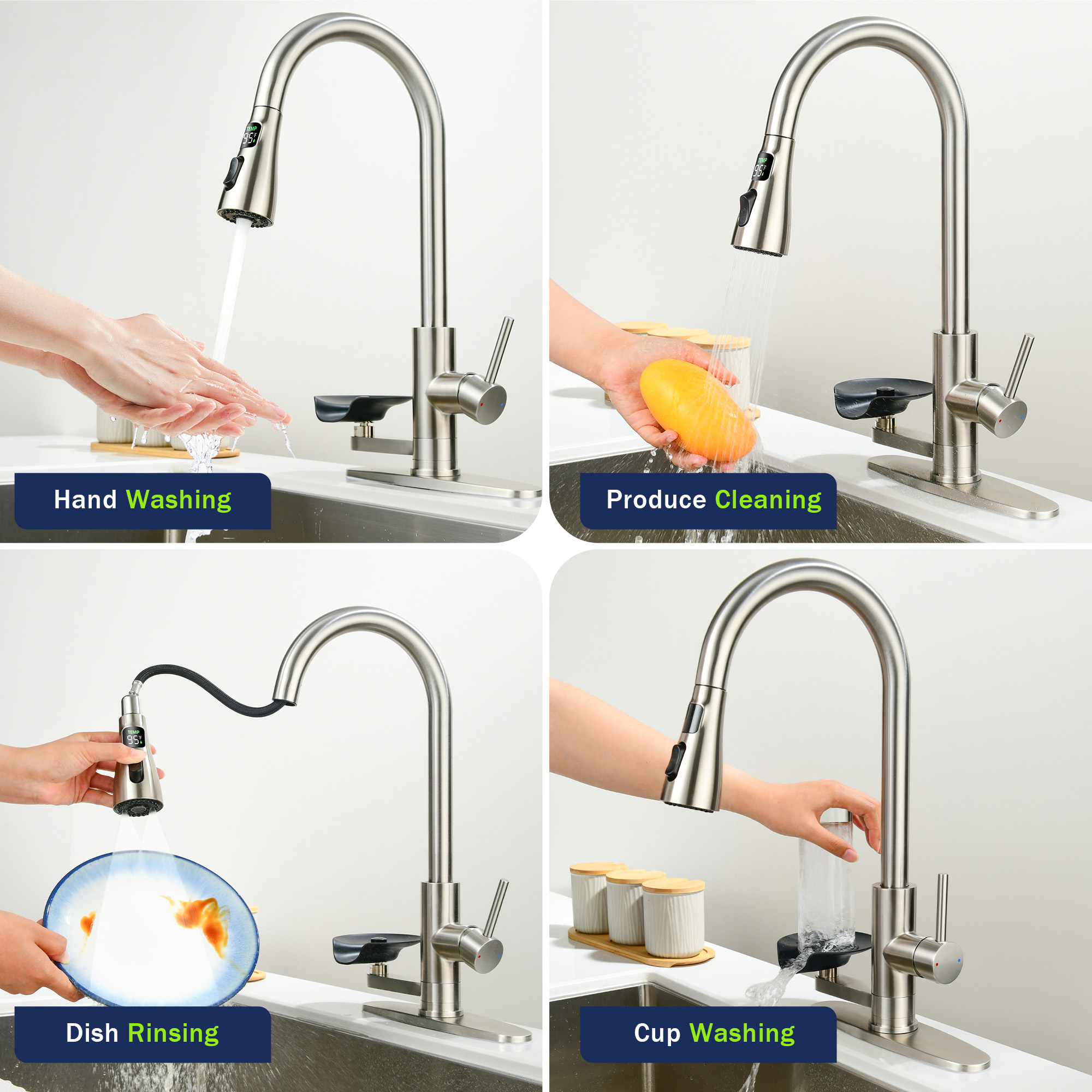 3-in-1 Kitchen Faucet With 3-Color LED Temperature Display, Press-Type Glass Rinser, High-Arc Pull-Down Sprayer, 3 Spray Modes, Brushed Nickel Finish For Modern Kitchen Sink