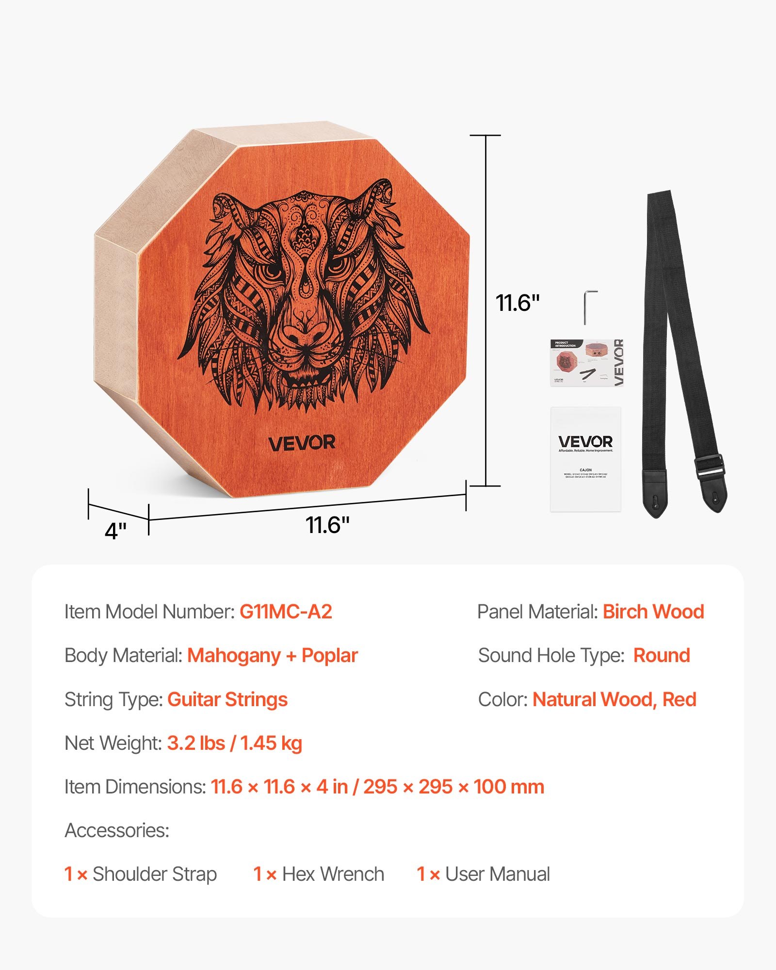 Unique Cajon Box Drum, With Internal Guitar Strings, Portable Wooden Percussion Box, Birch Wood Drum Musical Instrument with Adjustable Strap, for Beginners & Professionals, 11.6 X 11.6 X 4 In