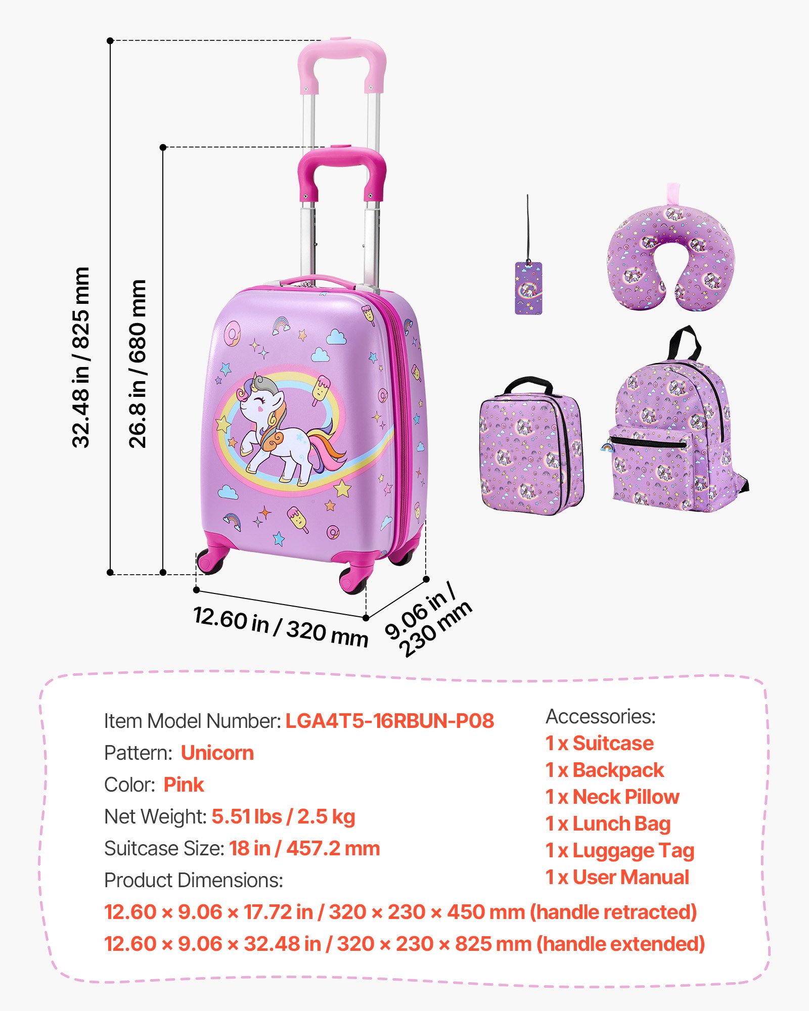 Kids Luggage Set, 5 Piece, 18 Inch Hardside Rolling Wheels Suitcase With Backpack & U-shape Pillow…