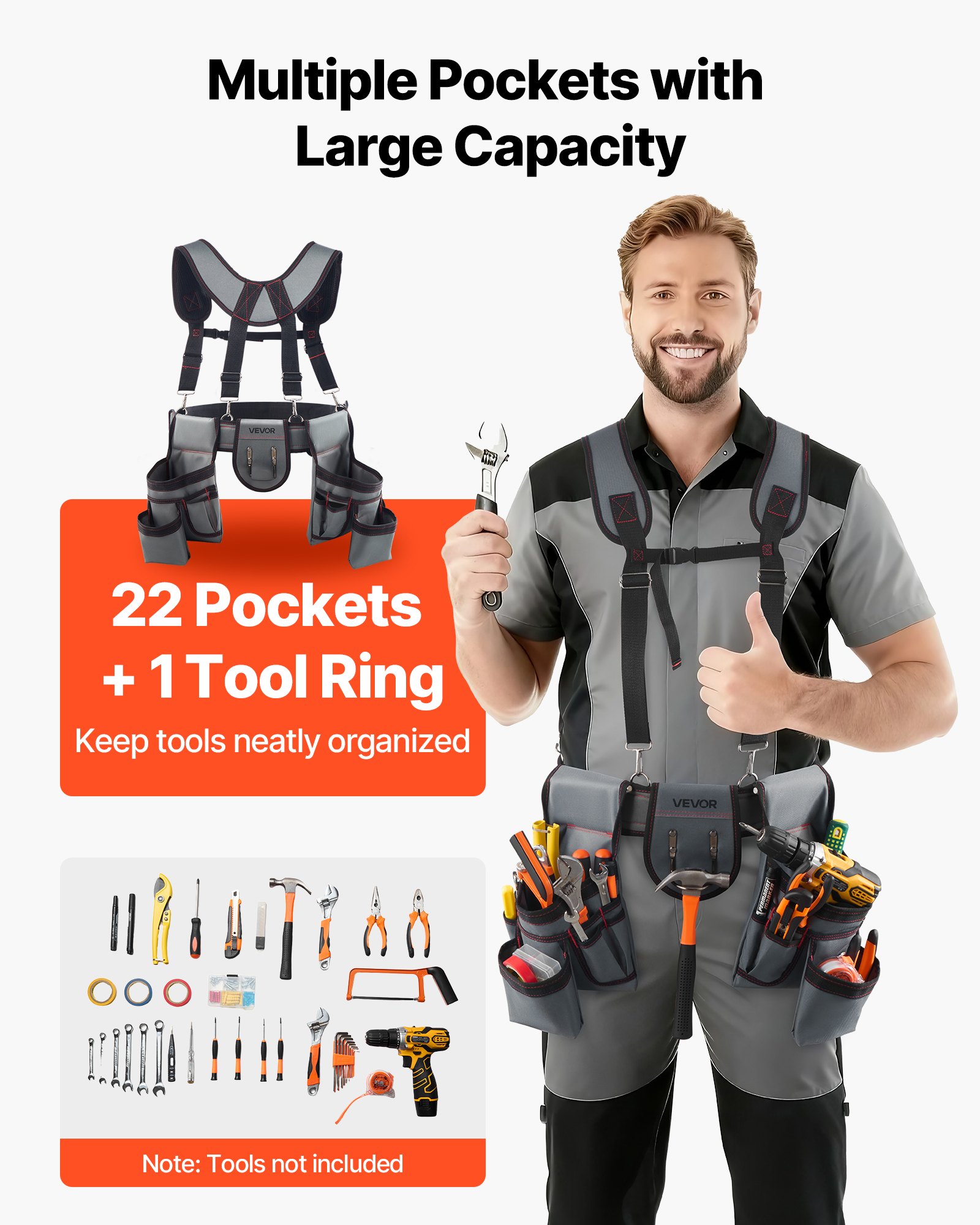 Tool Belt, 22 Pockets Tool Pouch With Suspenders For Men, Heavy Duty Adjustable Utility Belt Bag Suspenders For Electrician, Carpenter, Construction, Work Apron Organizer Waist Adjust 32 To 68in