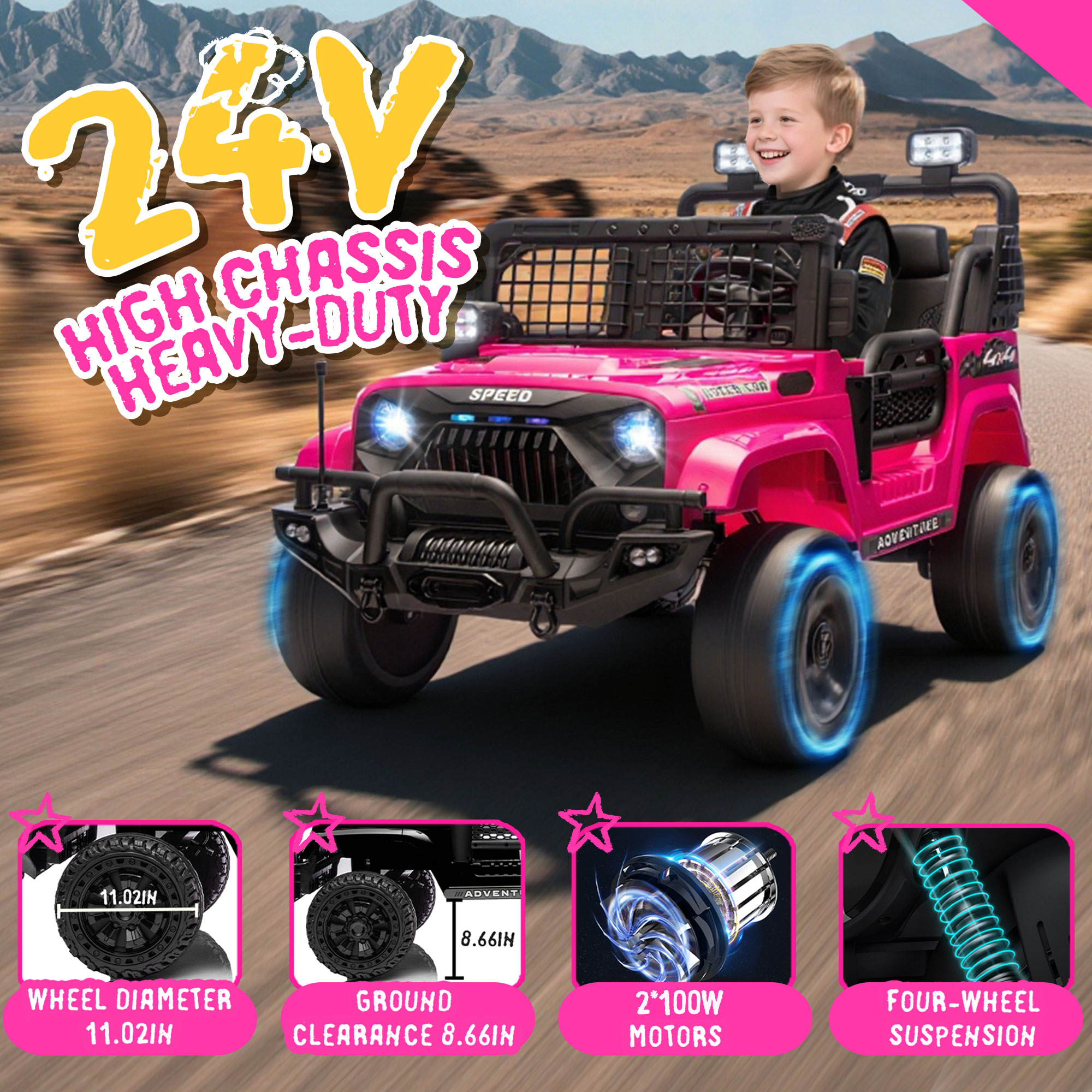 24V 100Wx2 Two-seater Kids Ride On Car W RC - 3 Speed Adjustable,LED Headlights,4-Wheel Shock Absorption,USB MP3 Charging & Battery Indicator,Bluetooth & Music - Electric Toy Car For Kids 3-8