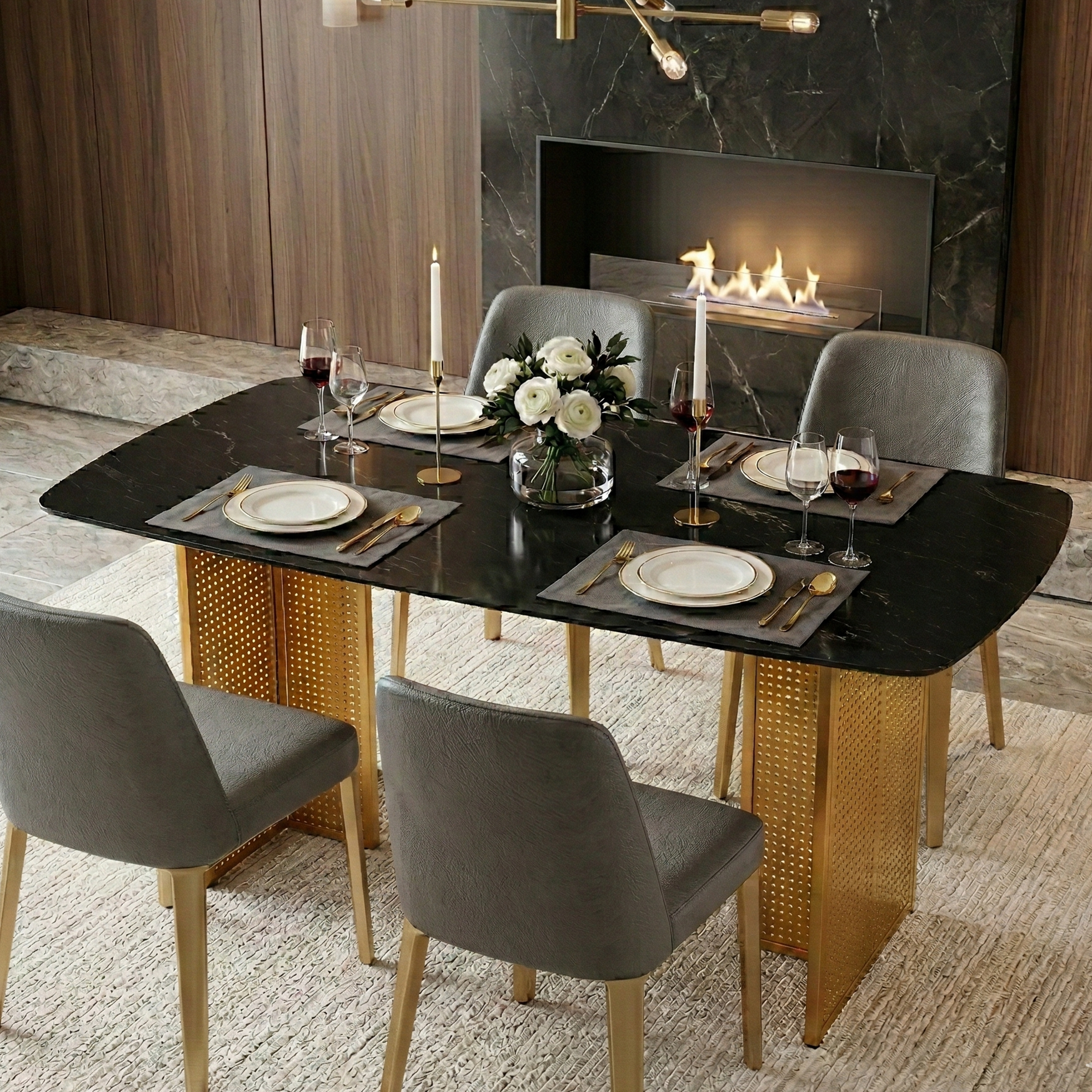 Modern-Style Rectangular Tempered Glass Dining Table For 6, Featuring A Marble-Patterned Design With Golden Hollow-Out Metal Legs, An Ideal Dining Table For Living Rooms And Home Offices. - Image 1