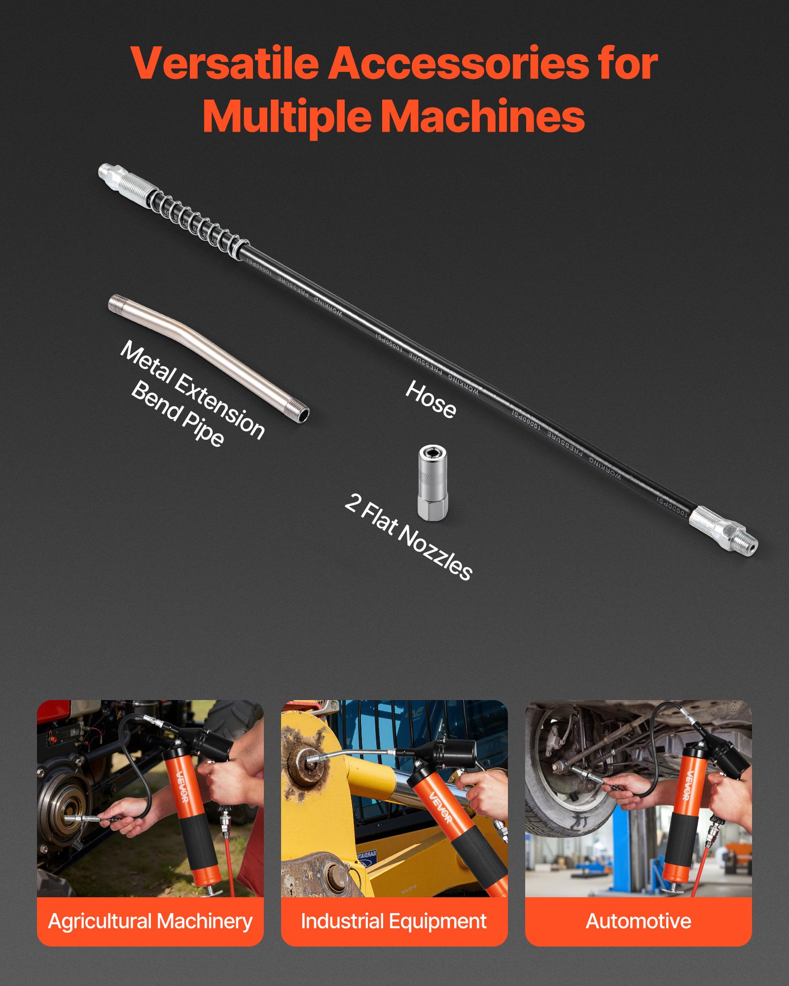 Grease Gun, Continuous Cycle Heavy Duty 6000 PSI High Pressure, Pistol Grip Grease Gun Kit With 14 Oz Capacity, Includes 18-Inch Flex Hose, 1 Extension Rigid Pipe, 2 Flat Nozzles For Automotive