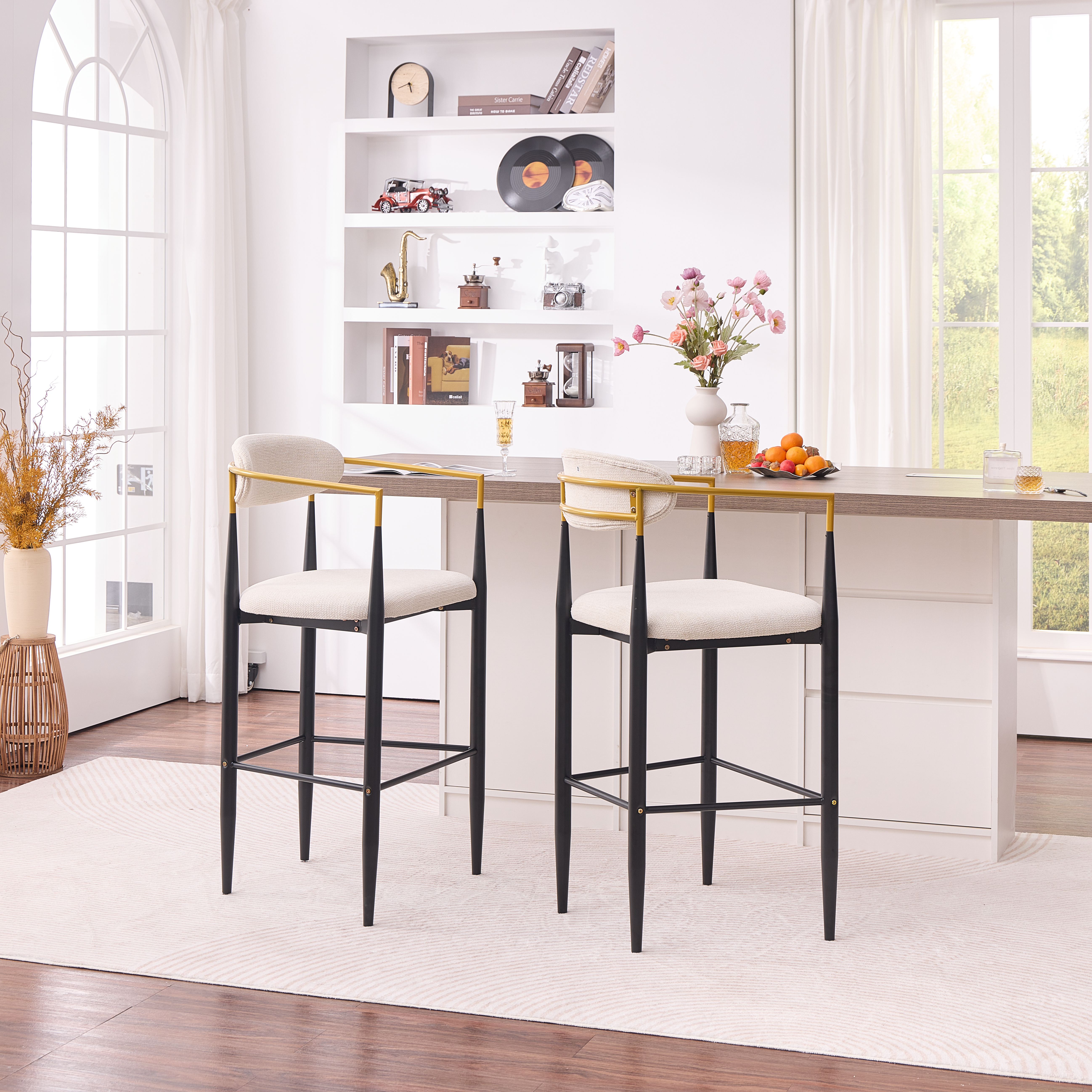 Modern Upholstered Bar Stool With Gold-Accented Armrests - 23 Seat Height,Ergonomic Design For Kitchen Island Or Dining Counter Use,Set Of 2 - Beige Fabric & Black Metal Frame