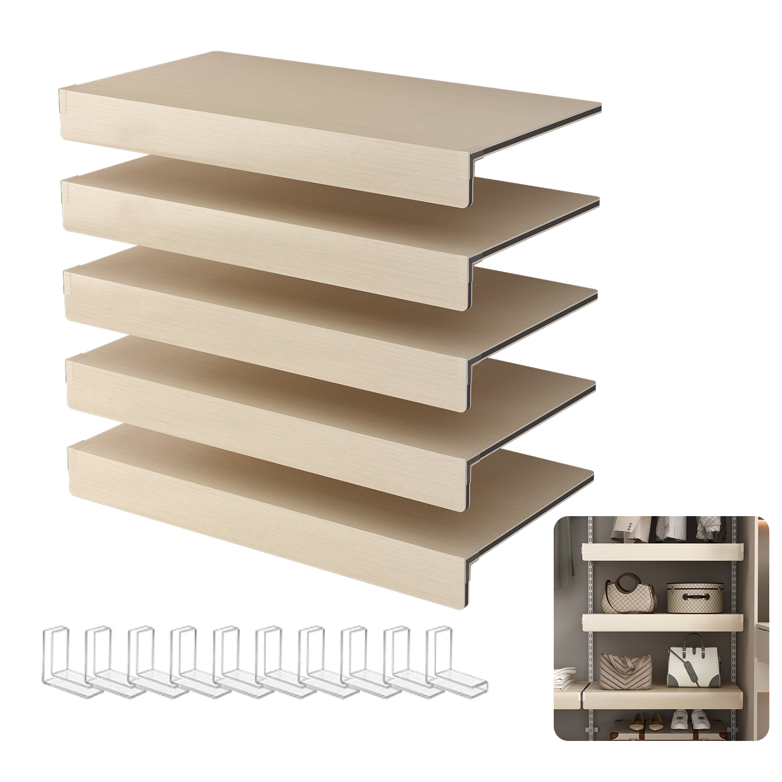 OAK Color 5 Pcs Wire Shelf Covers Foamed PVC Wire Rack Covers For Removable Closet Not Wood Pantry Shelves For Cabinet Bathroom Kitchen Shelving Decoration - Image 1