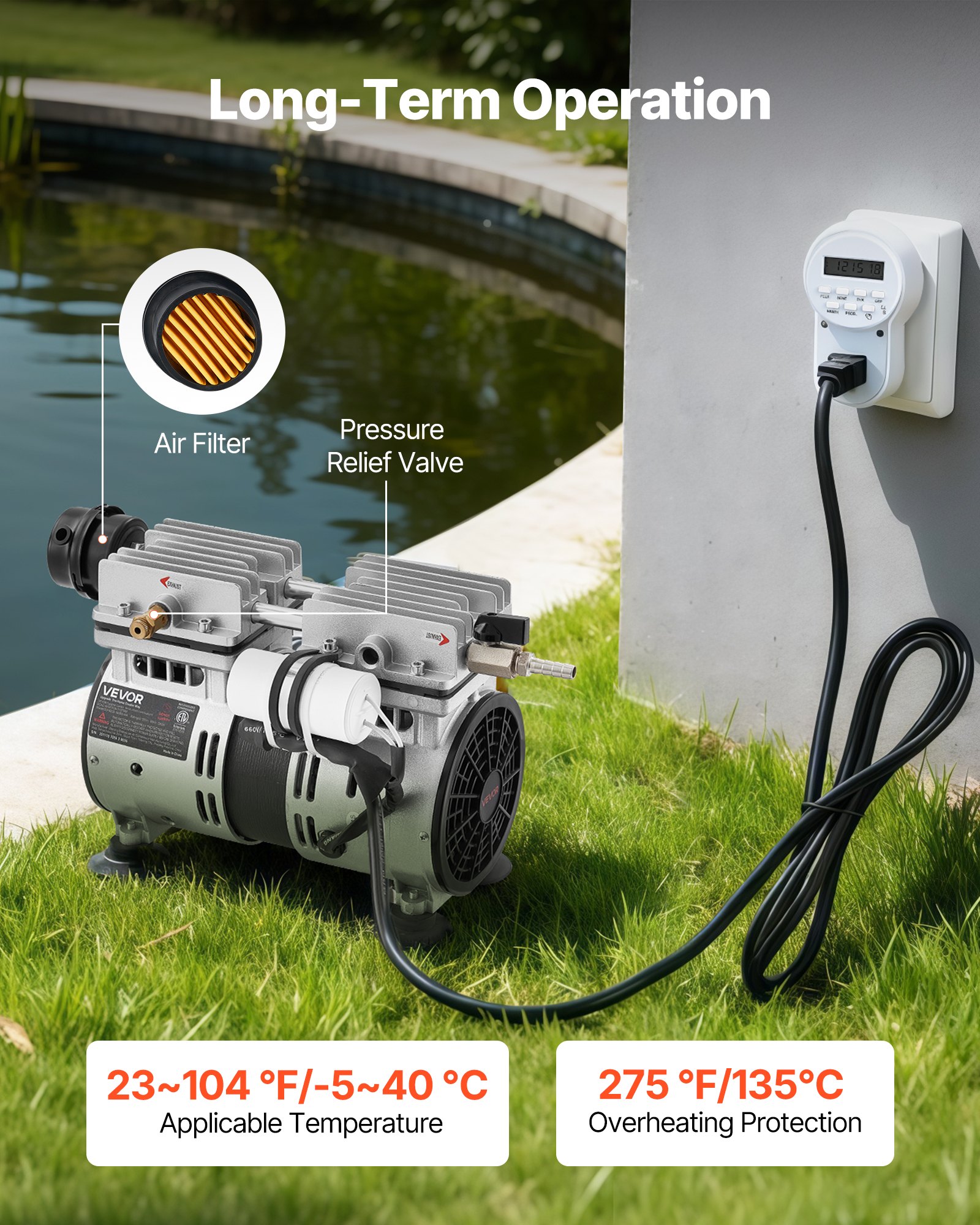 Pond Aerator,5.2CFM 3/4 HP Air Compressor, Lake Aerator For Ponds Up To 3 Acres, Overheat Protection & Anti-Backflow Valve, 550W Powerful Motor, Pond Aeration Pump For Water Oxygen Circulation