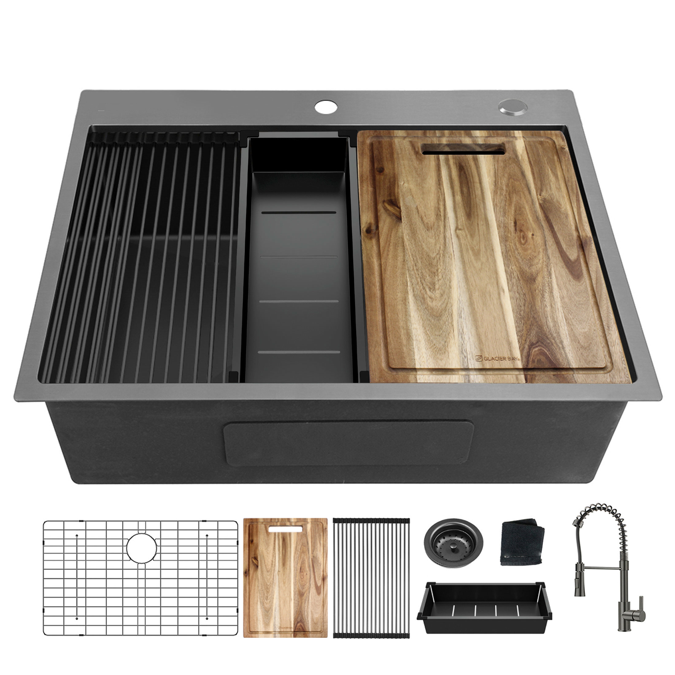 30 Inch Gunmetal Black Drop-In Workstation Sink, 18 Gauge Single Bowl Topmount Stainless Steel Kitchen Sink With Spring Neck Faucet And Various Accessories - Image 1
