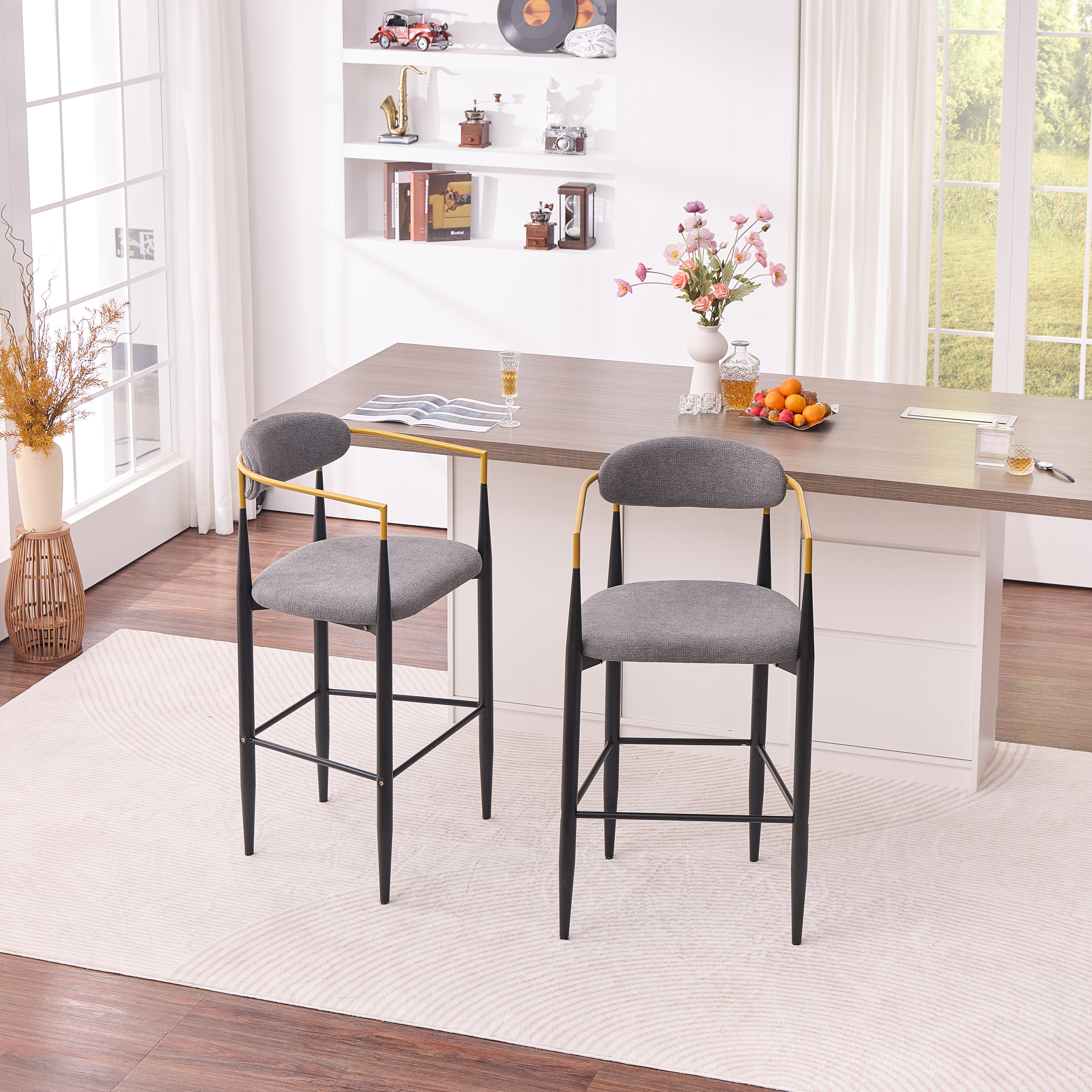 Modern Upholstered Bar Stool With Gold-Accented Armrests - 23 Seat Height,Ergonomic Design For Kitchen Island Or Dining Counter Use,Set Of 2 - Grey Fabric & Black Metal Frame