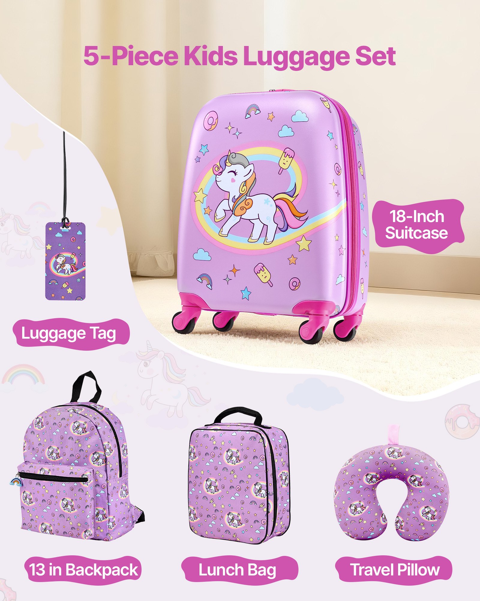Kids Luggage Set, 5 Piece, 18 Inch Hardside Rolling Wheels Suitcase With Backpack & U-shape Pillow… image 2