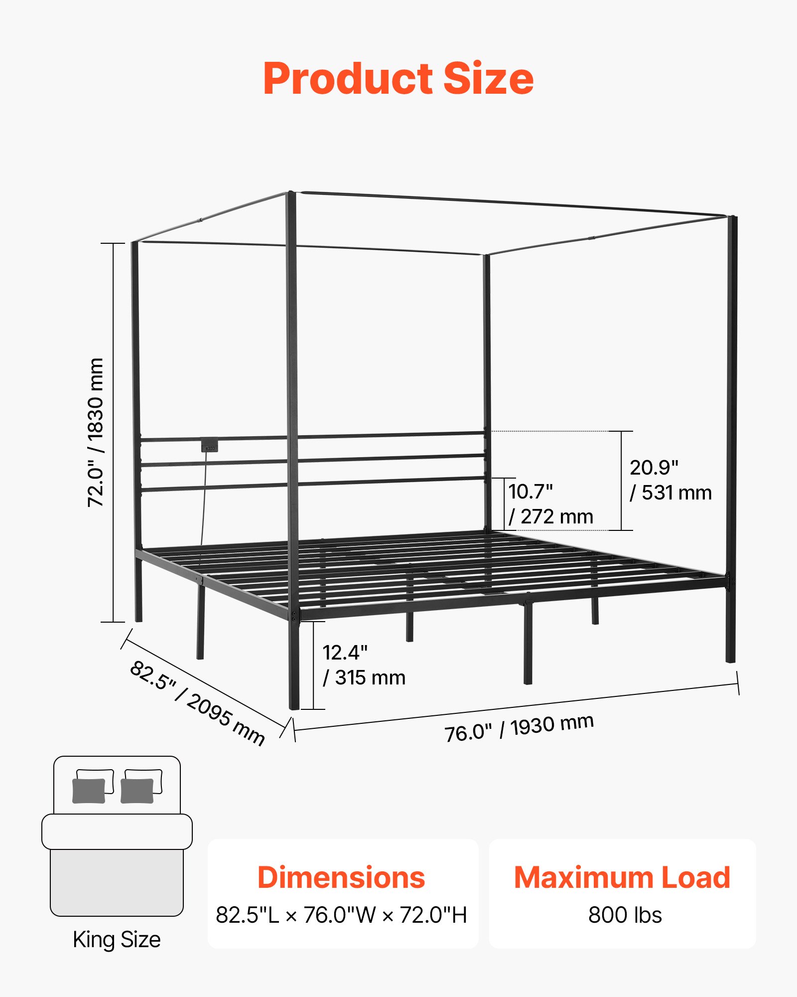 King Size Canopy Bed Frame, Metal Canopy Bed With Charging Station And Four Posters Design, Heavy Duty Steel Slats Support, Underbed Storage Space, No Box Spring Needed, Easy Assembly, Black