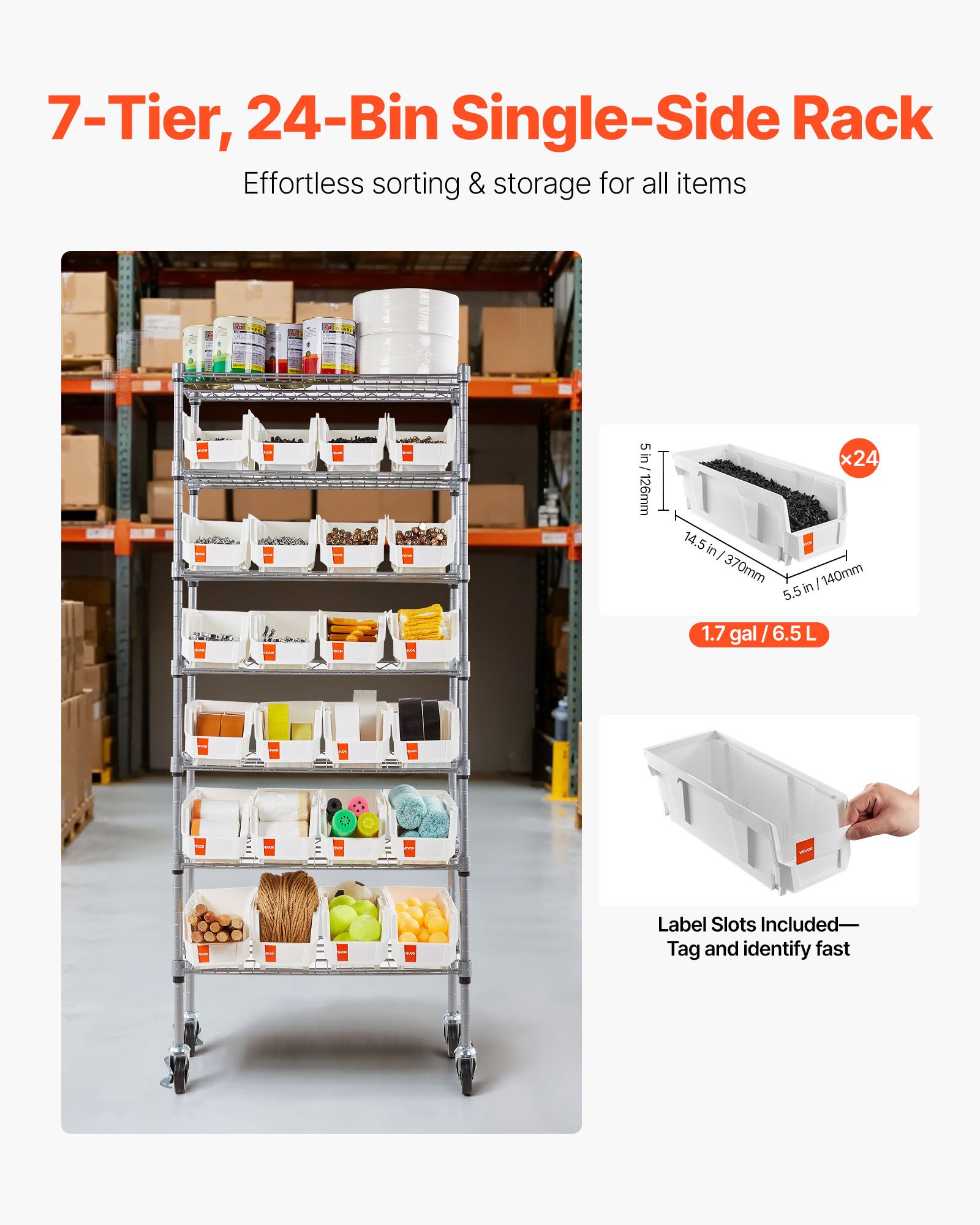 7-Tier Rolling Bin Storage Rack, 24 Small Bins, Bin Rack Storage Steel Wire Shelving System With Wheels, Mobile Tool Organizer For Garage, Warehouse, Office, Restaurant, Classroom, Kitchen