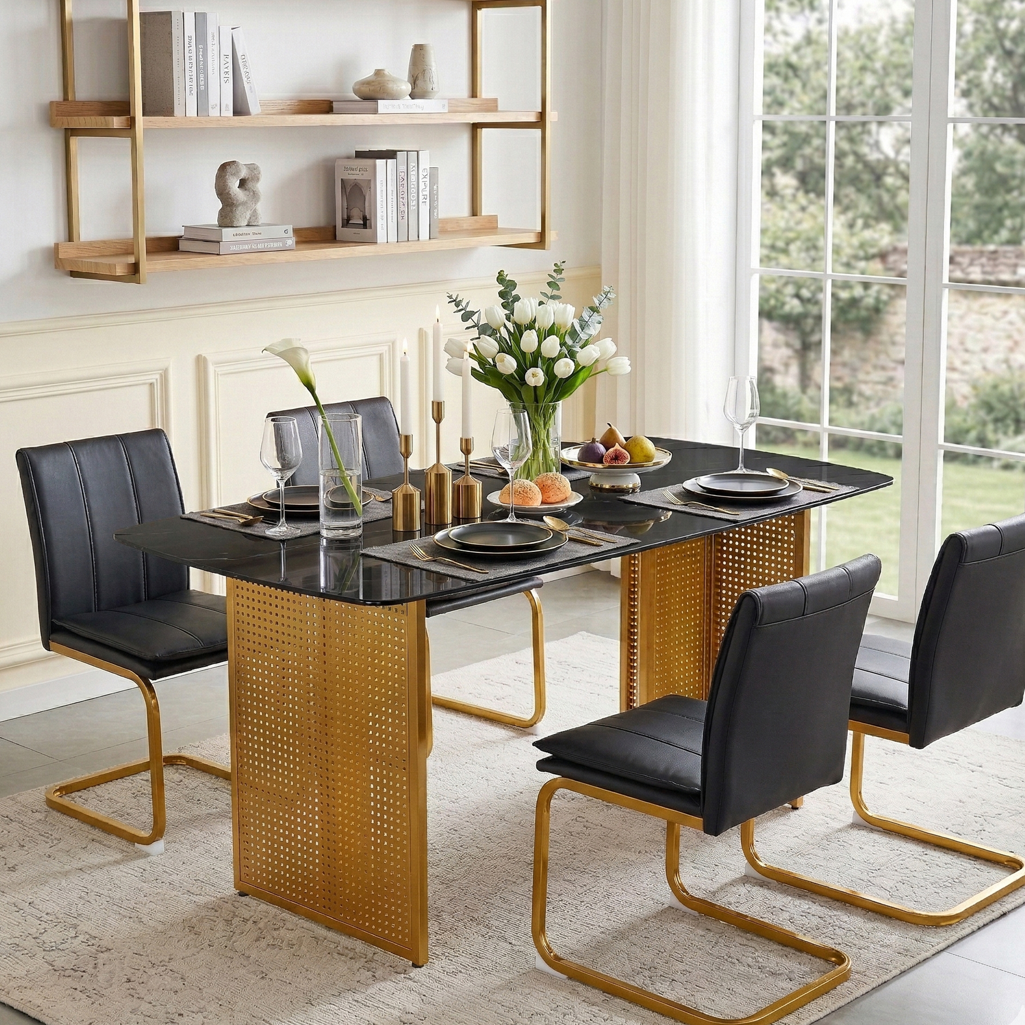 Modern-Style Rectangular Tempered Glass Dining Table For 6, Featuring A Marble-Patterned Design With Golden Hollow-Out Metal Legs, An Ideal Dining Table For Living Rooms And Home Offices.