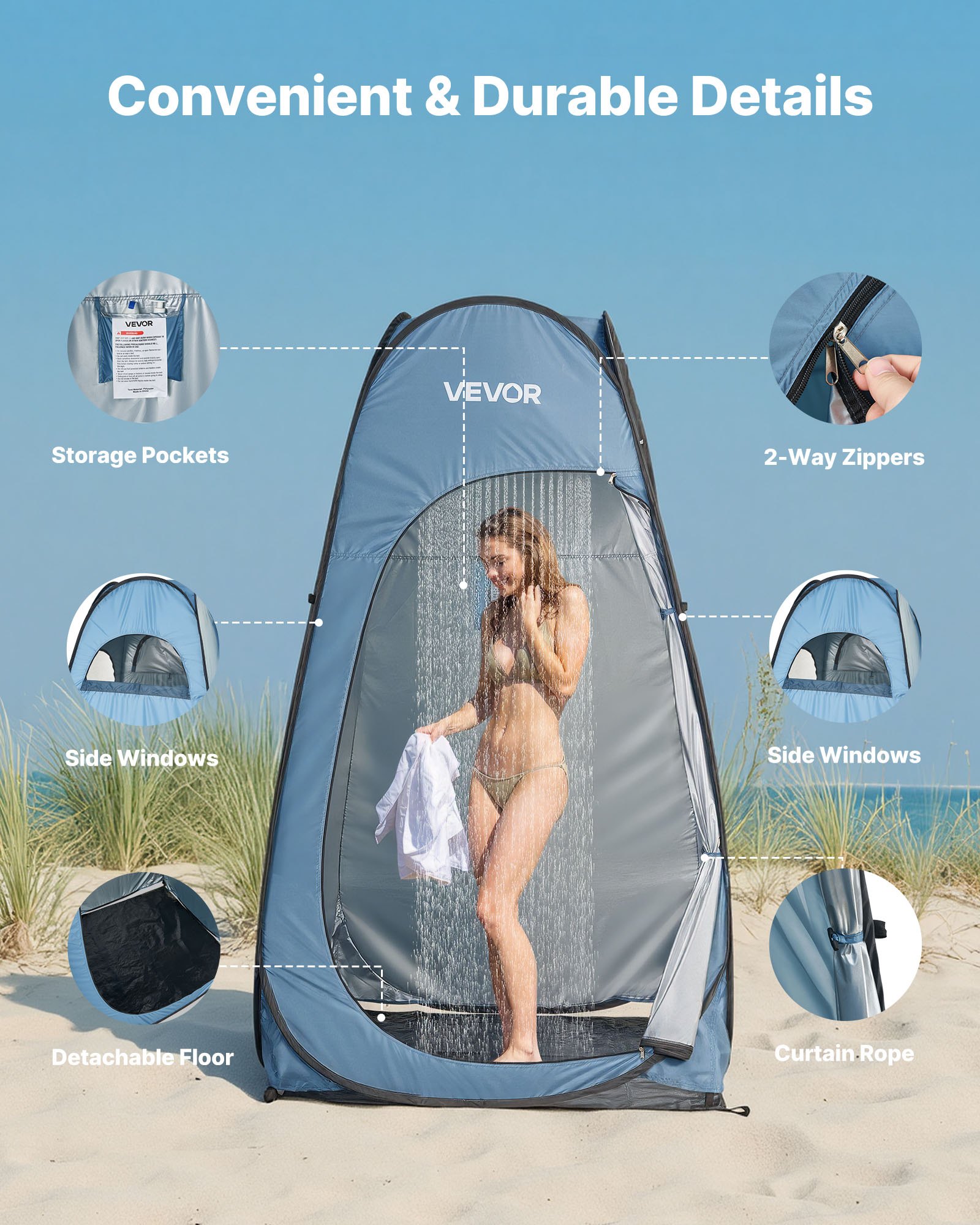 Pop Up Shower Tent, Instant Portable Privacy Tent Changing Room With Ground Stakes, Ropes, And Carry Bag, 190T Polyester With Silver Coating, Quick Setup, For Camping, Beach, Fishing, Blue