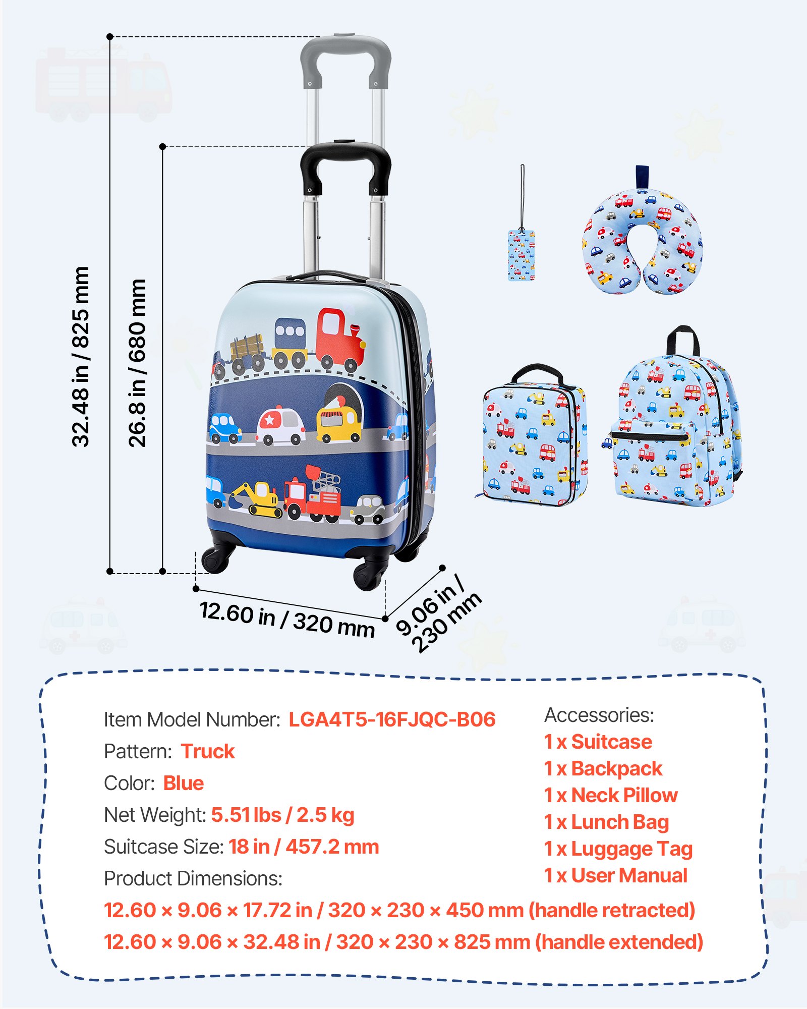 Kids Luggage Set, 5 Piece, 18 Inch Hardside Rolling Wheels Suitcase With Backpack & U-shape Pillow, Truck Kids Carry On Luggage Set, Holiday Birthday Gift For Girls Boys, Airline Approved