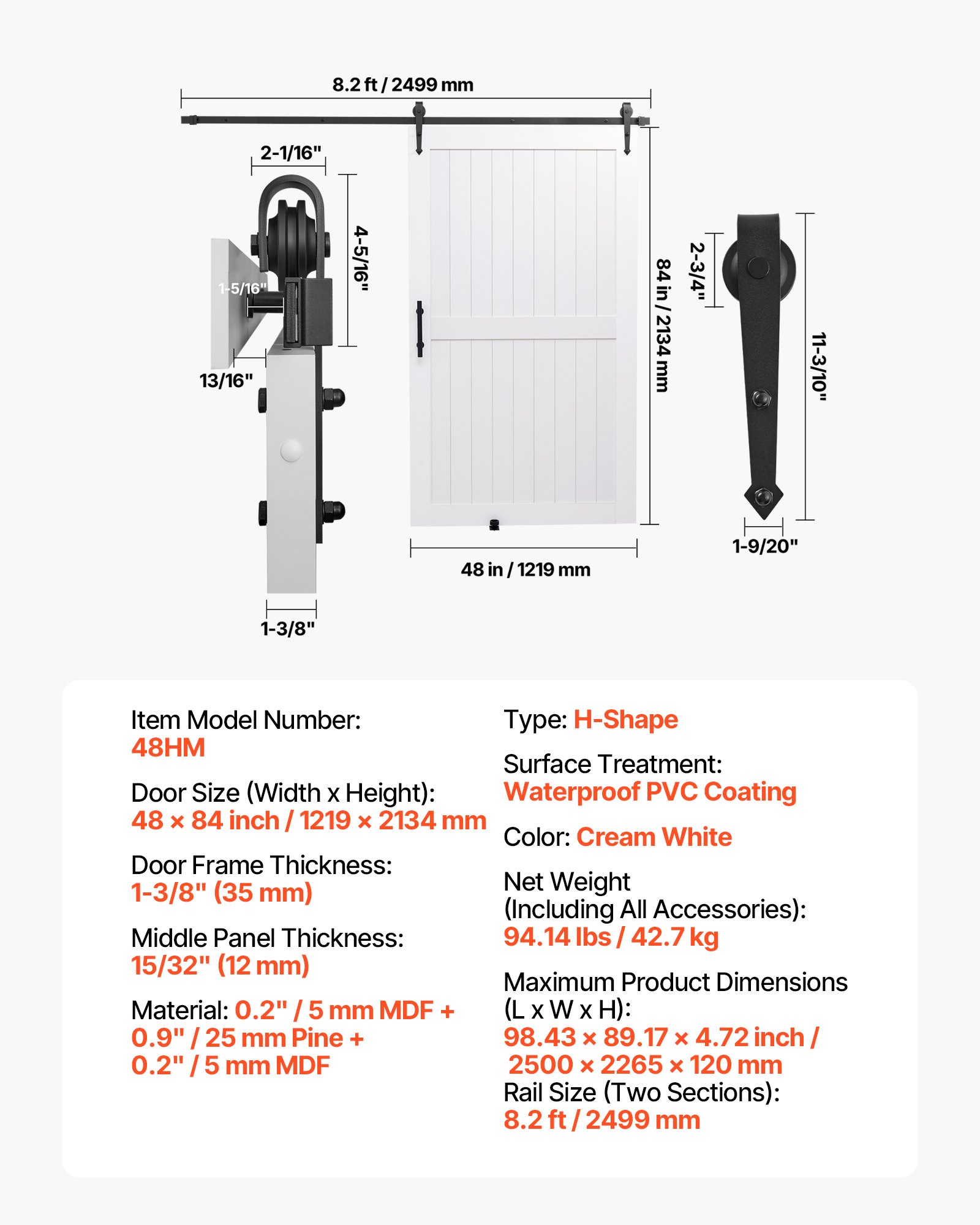 Sliding Barn Door, 48 X 84 Inch, High-Strength MDF Panel, Barn Door With Hardware Kit, Water-Proof PVC Surface, Easy To Install, H-Frame, Smoothly And Quietly Sliding For Living Room, Bathroom
