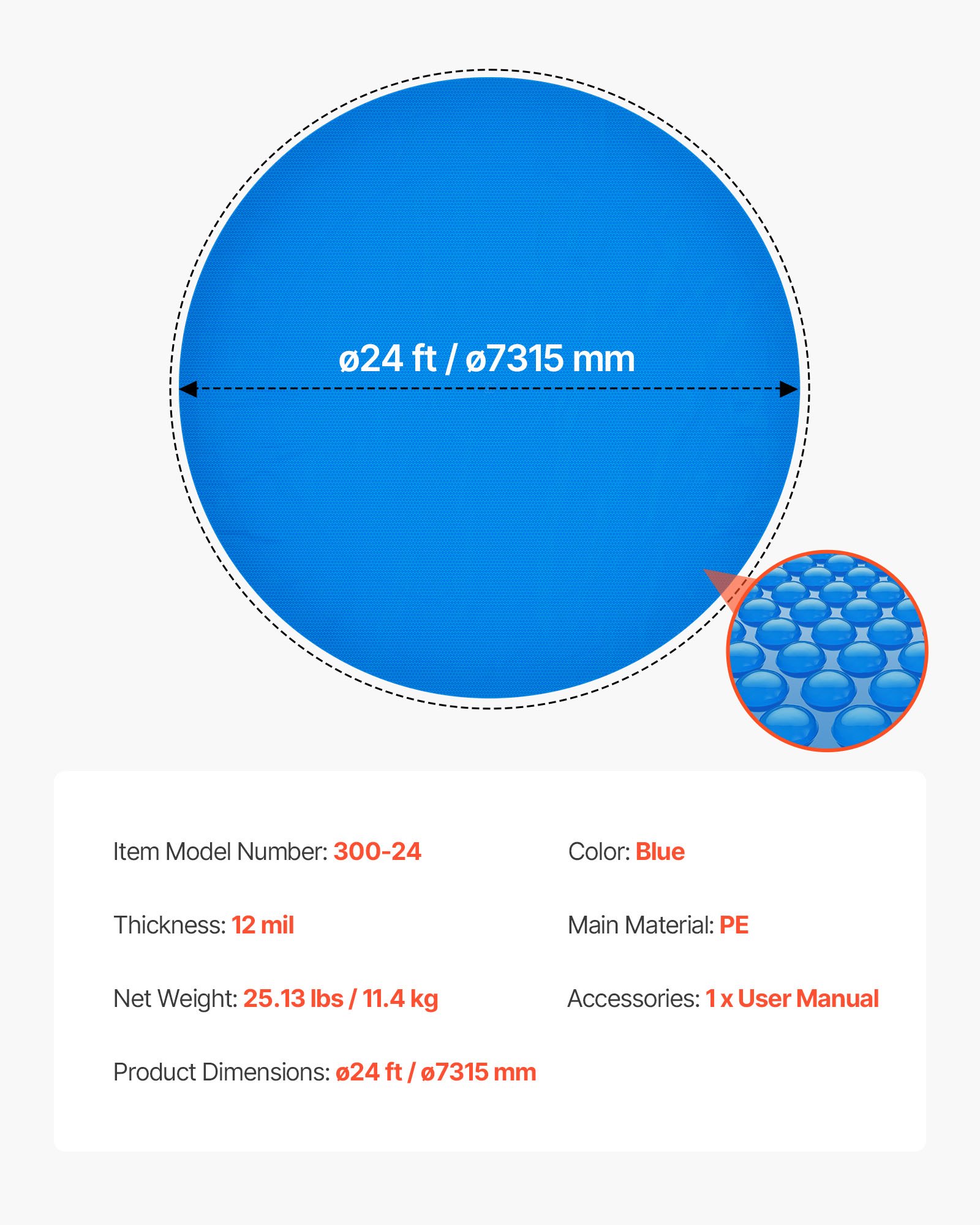 Solar Pool Cover, 24 Ft Round Pool Bubble Cover, 12 Mil Pools Solar Blanket With Bubble & PE Material, Daytime Heat Absorption, Nighttime Heat Retention, Heat Retaining Solars Cove