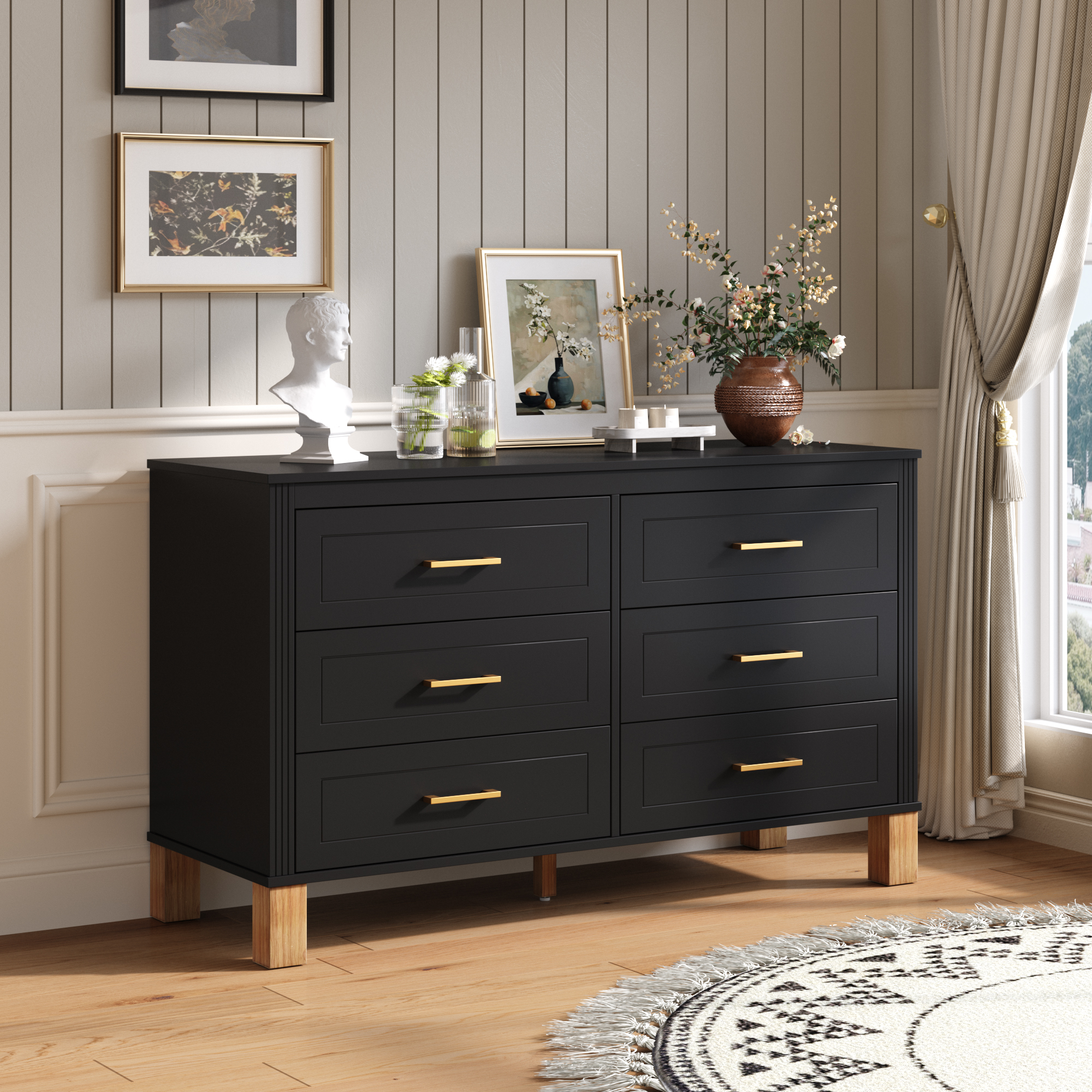 6-Drawer Double Dresser , Modern Storage Cabinet With Metal Handles & Solid Wood Legs, Dresser Drawer Organizer For Kids Bedroom, Heavy-Duty Wooden Dresser With Pre-Installed,Black