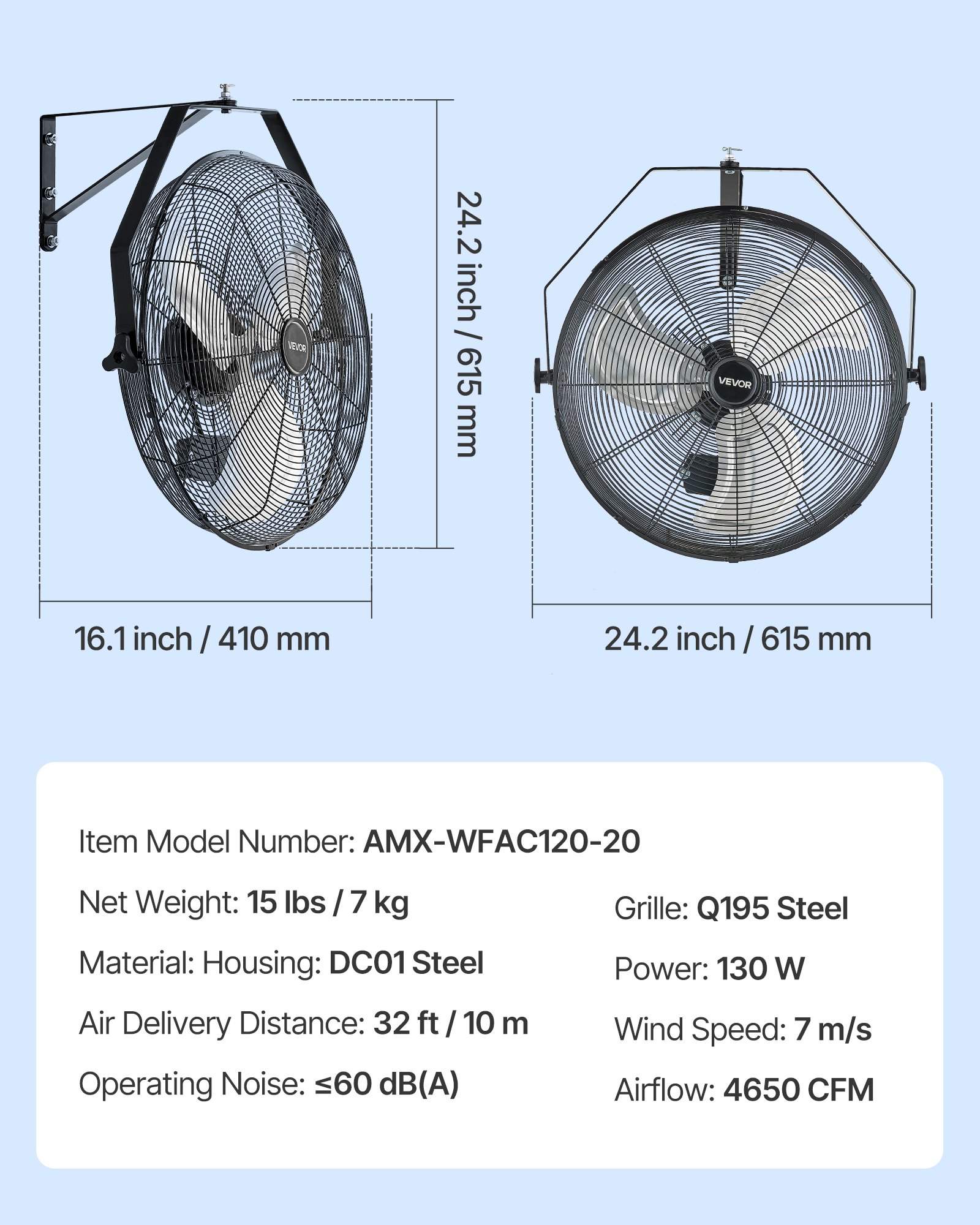 20 Inch Industrial Wall Mount Fan, High Velocity 4650 CFM Indoor Fan With 3 Speeds, Powerful Motor Garage Wall Fan With Aluminum Blades For Workshop, Warehouse, Greenhouse, Commercial