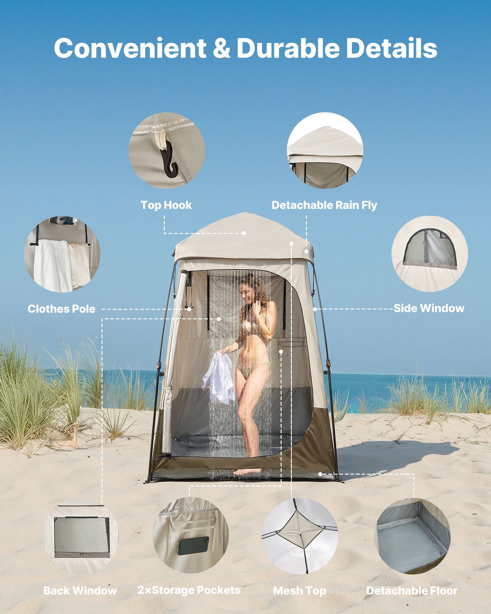 Camping Shower Tent, 1 Room, Foldable Privacy Tent Changing Room With Ground Stakes, Ropes, Carry Bag, And Crossbar, 210D Oxford Fabric With Silver Coating, For Camping, Beach, And Fishing