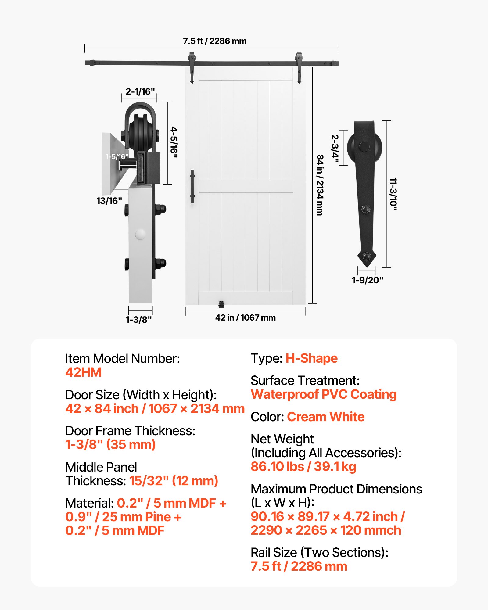 Sliding Barn Door, 42 X 84 Inch, High-Strength MDF Panel, Barn Door With Hardware Kit, Water-Proof PVC Surface, Easy To Install, H-Frame, Smoothly And Quietly Sliding For Living Room, Bathroom