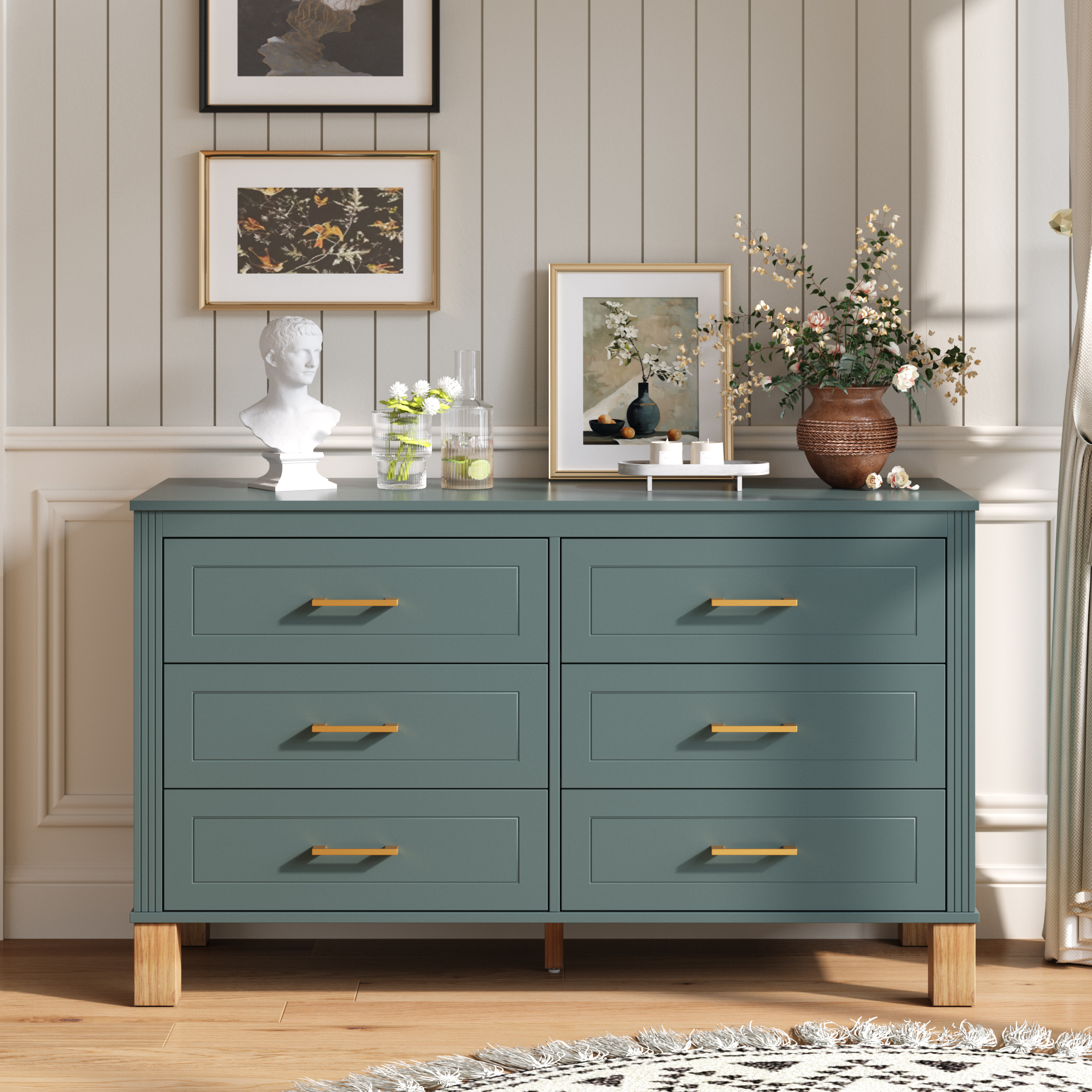 6-Drawer Double Dresser In Green, Modern Storage Cabinet With Metal Handles & Solid Wood Legs, Dresser Drawer Organizer For Kids Bedroom, Heavy-Duty Wooden Dresser With Pre-Installed - Image 1
