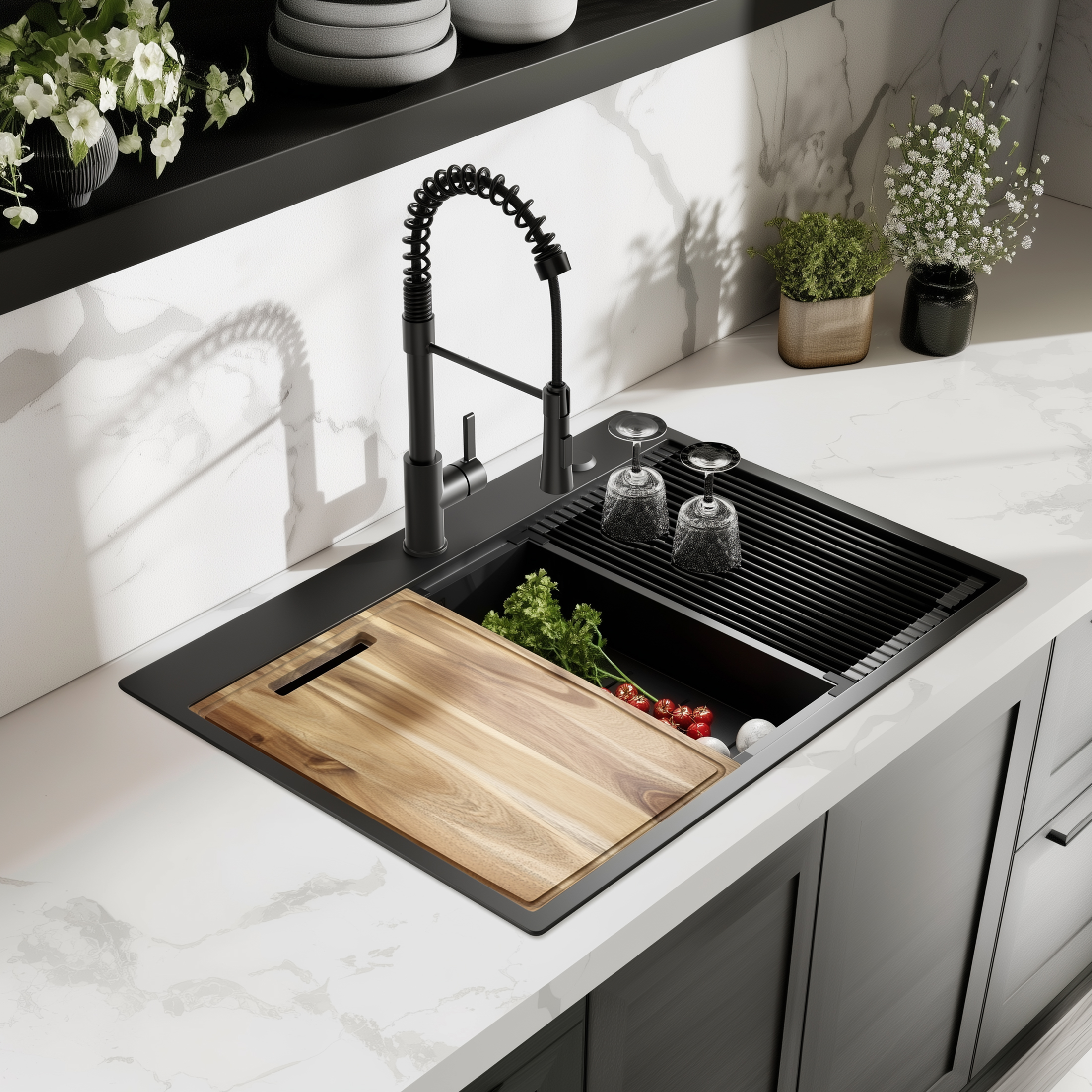 30 Inch Gunmetal Black Drop-In Workstation Sink, 18 Gauge Single Bowl Topmount Stainless Steel Kitchen Sink With Spring Neck Faucet And Various Accessories