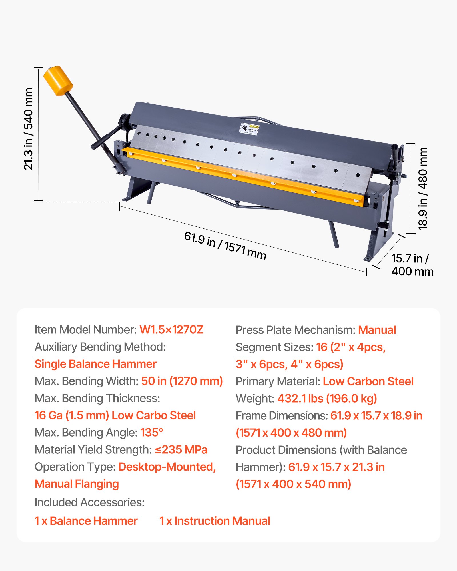 Box And Pan Brake, 50 In Sheet Metal Bending Brake,16-Gauge Mild Steel Capacity, 0-135 Degree Adjustable, Metal Bender Machine With 16 Fingers, Heavy-Duty Aluminum Folder For Precise Bending