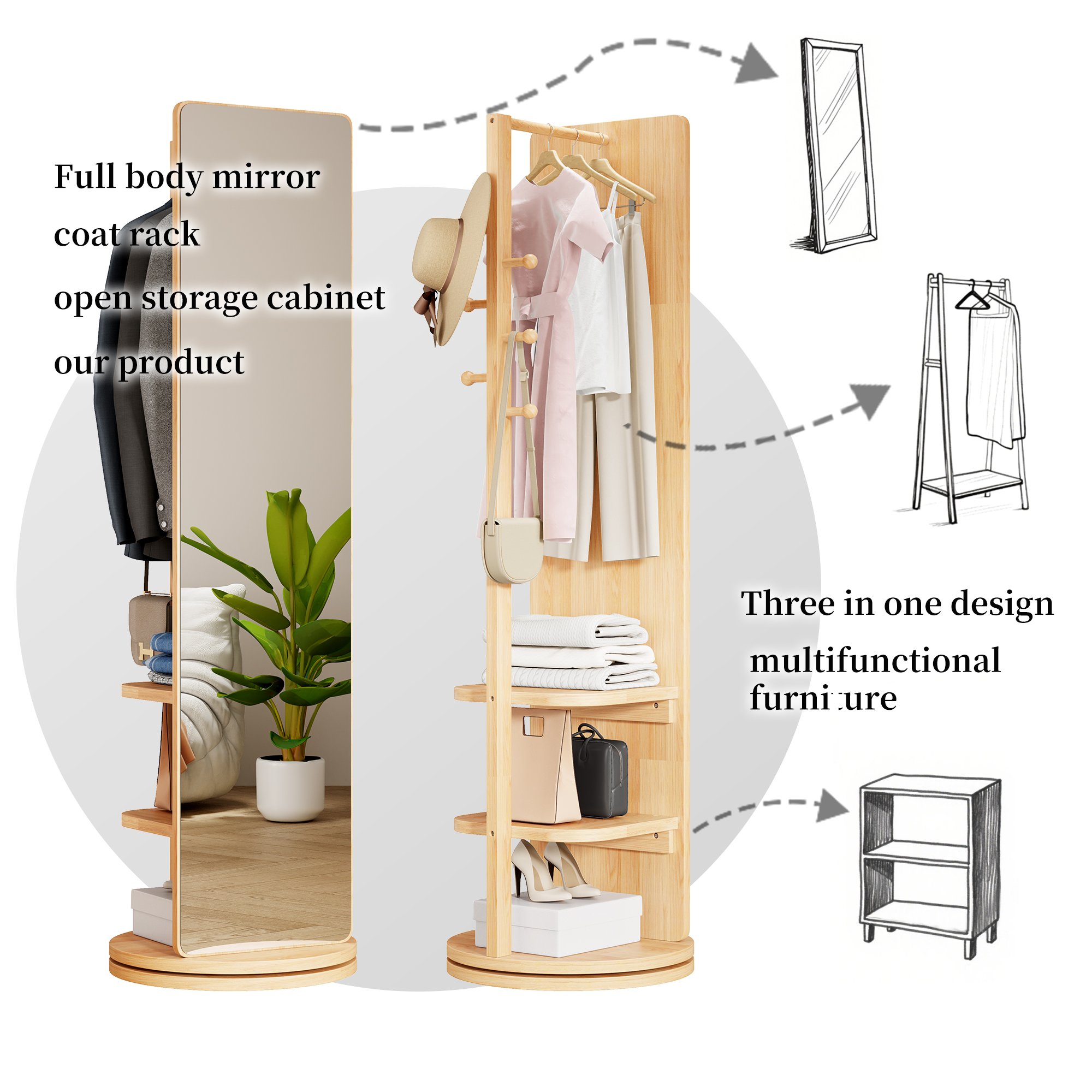 360 Rotating 69x16 Multifunctional Full Length Mirror With Hook Storage Rack Coat Rack With Mirror Solid Wood Floor Mirror Bedroom Living Room Cloakroom Space Saving Natural Wood_voghion.com