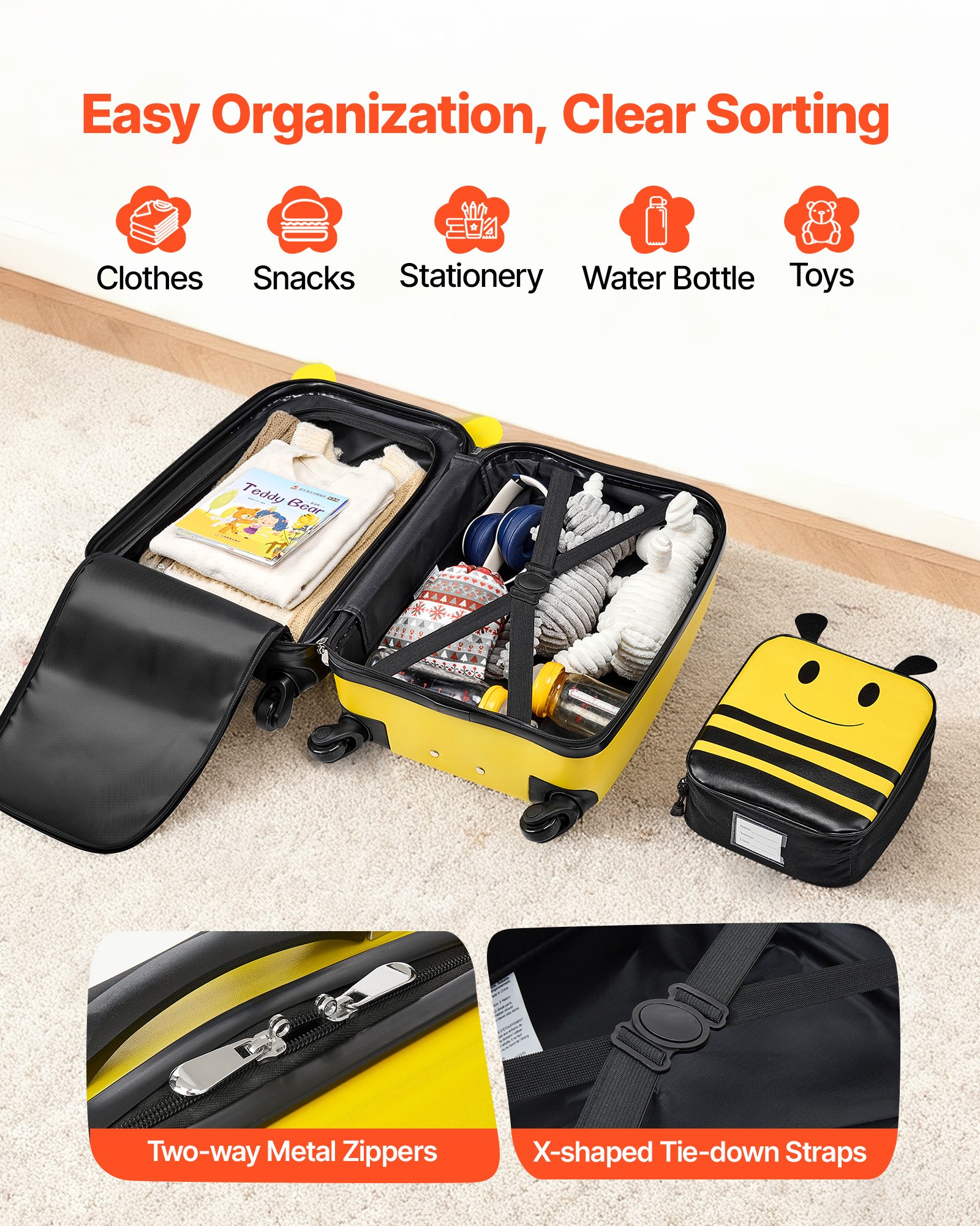 Kids Luggage Set, 5 Piece, 18 Inch Hardside Rolling Wheels Suitcase With Backpack & U-shape Pillow, Bee Kids Carry On Luggage Set, Holiday Birthday Gift For Girls Boys, Airline Approved