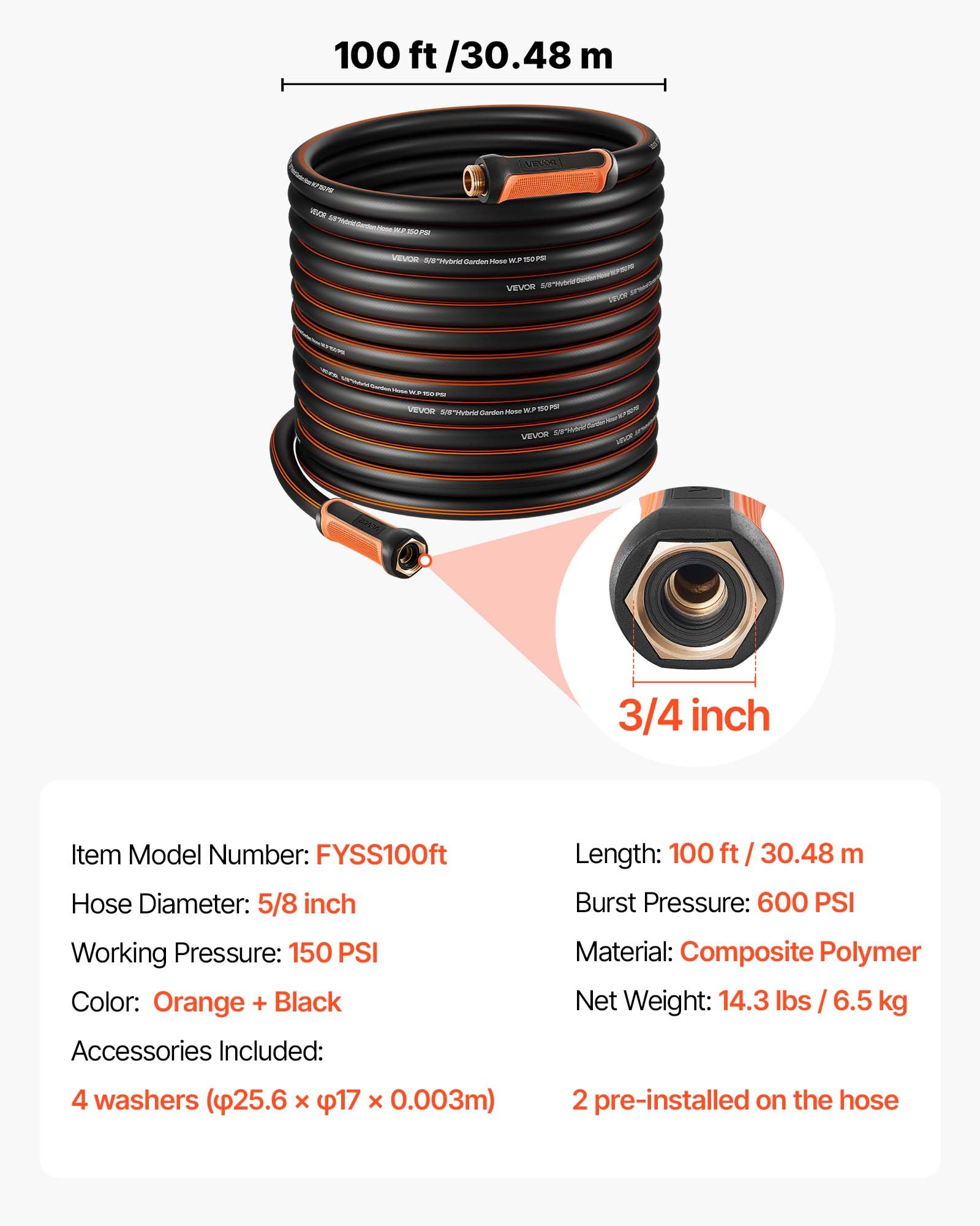 Garden Hose, 100 Ft 5/8" Heavy Duty 4-Layer Rubber Water Hose, 150PSI Working & 600PSI Burst, Flexible & Non-kink Outdoor Waterhose With 3/4" Fitting, Lightweight Hoses For Gardening Cleaning