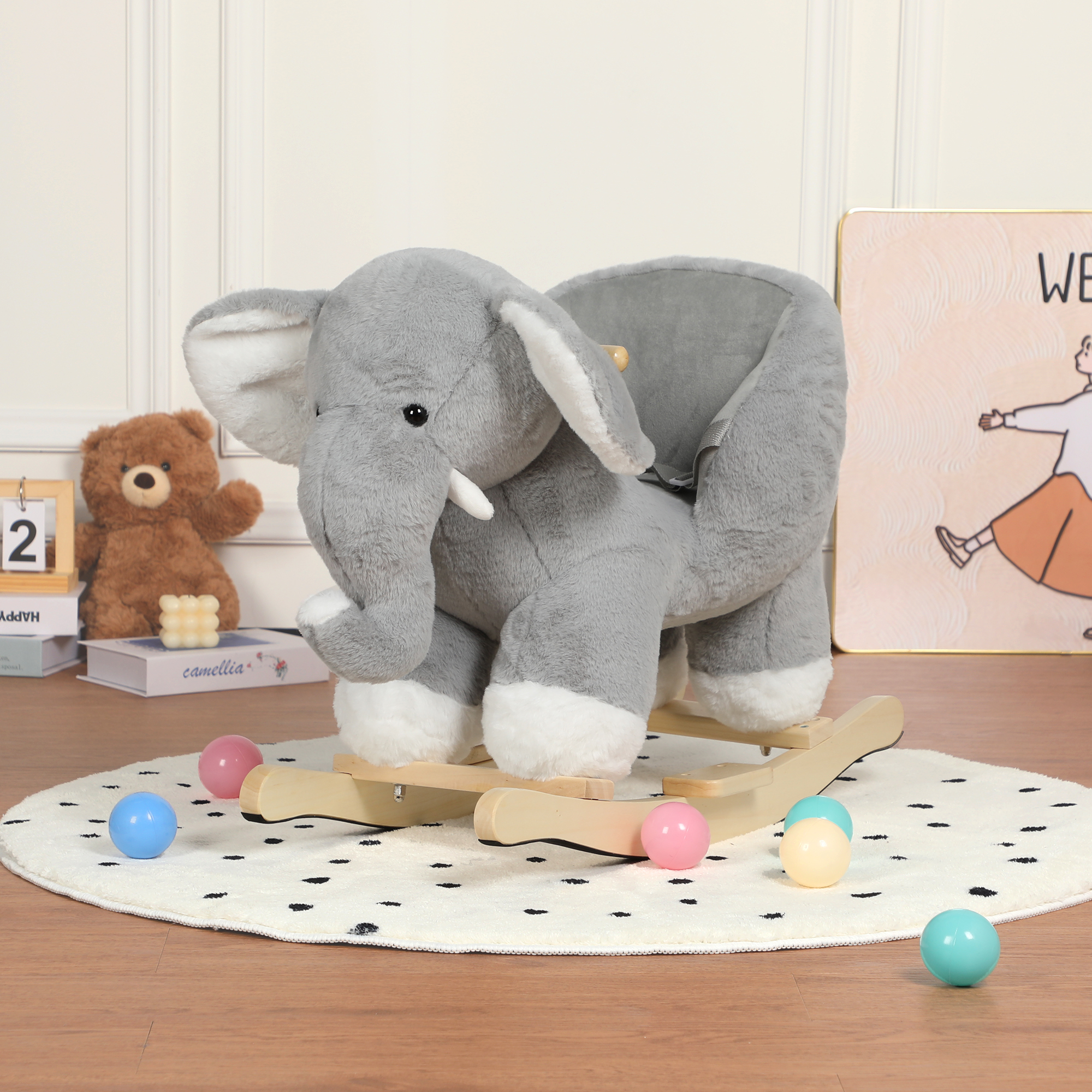 Kids Ride-On Rocking Horse Toy With Elephant Sounds ,Elephant Rocking Toy With Hand Puppets And Safety Belt For Children 1-3 Years,Soft Plush Fabric,Grey,CPC Certified - Image 1