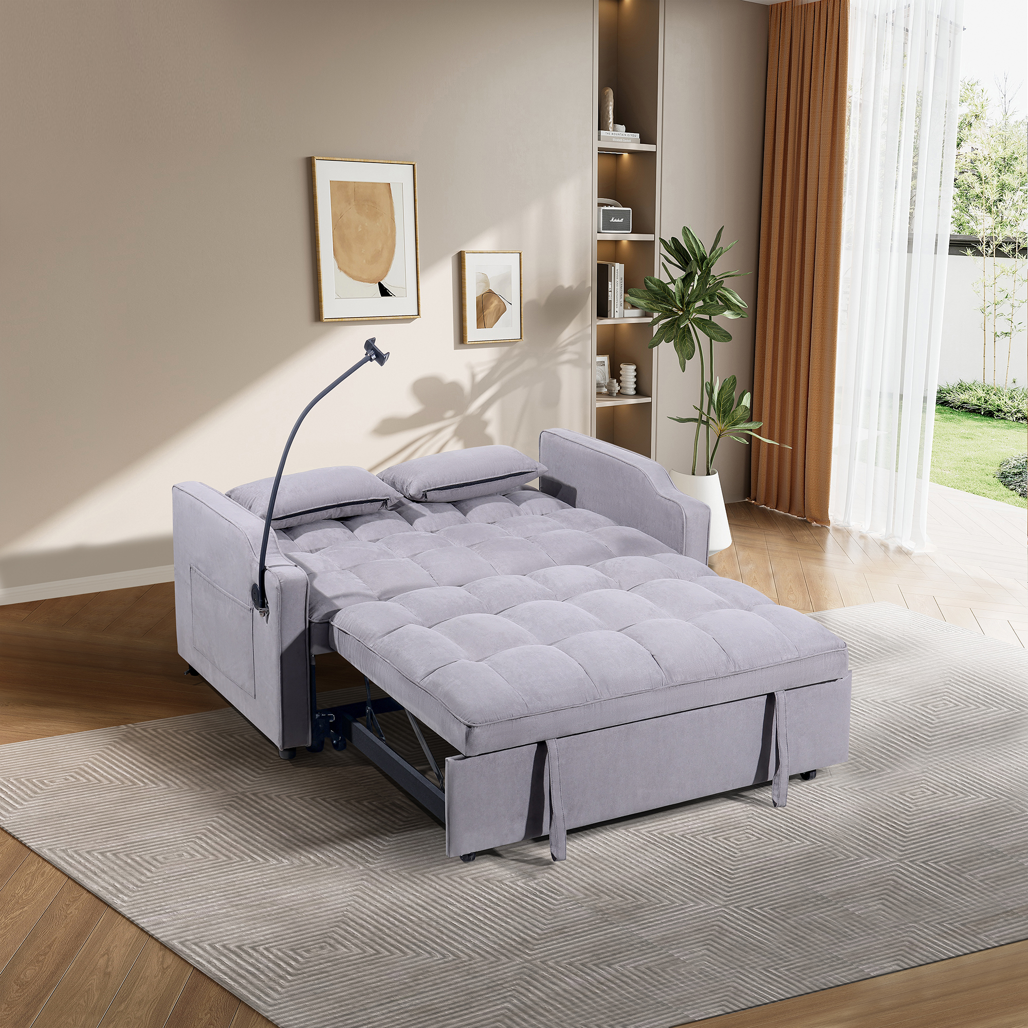 1 Multifunctional Foldable Sofa Bed With 3 Different Lengths, Modern Sofa, Upgraded Suede Fabric, Adjustable Backrest, Gray Color With USB Port And Rotating Telephone Stand