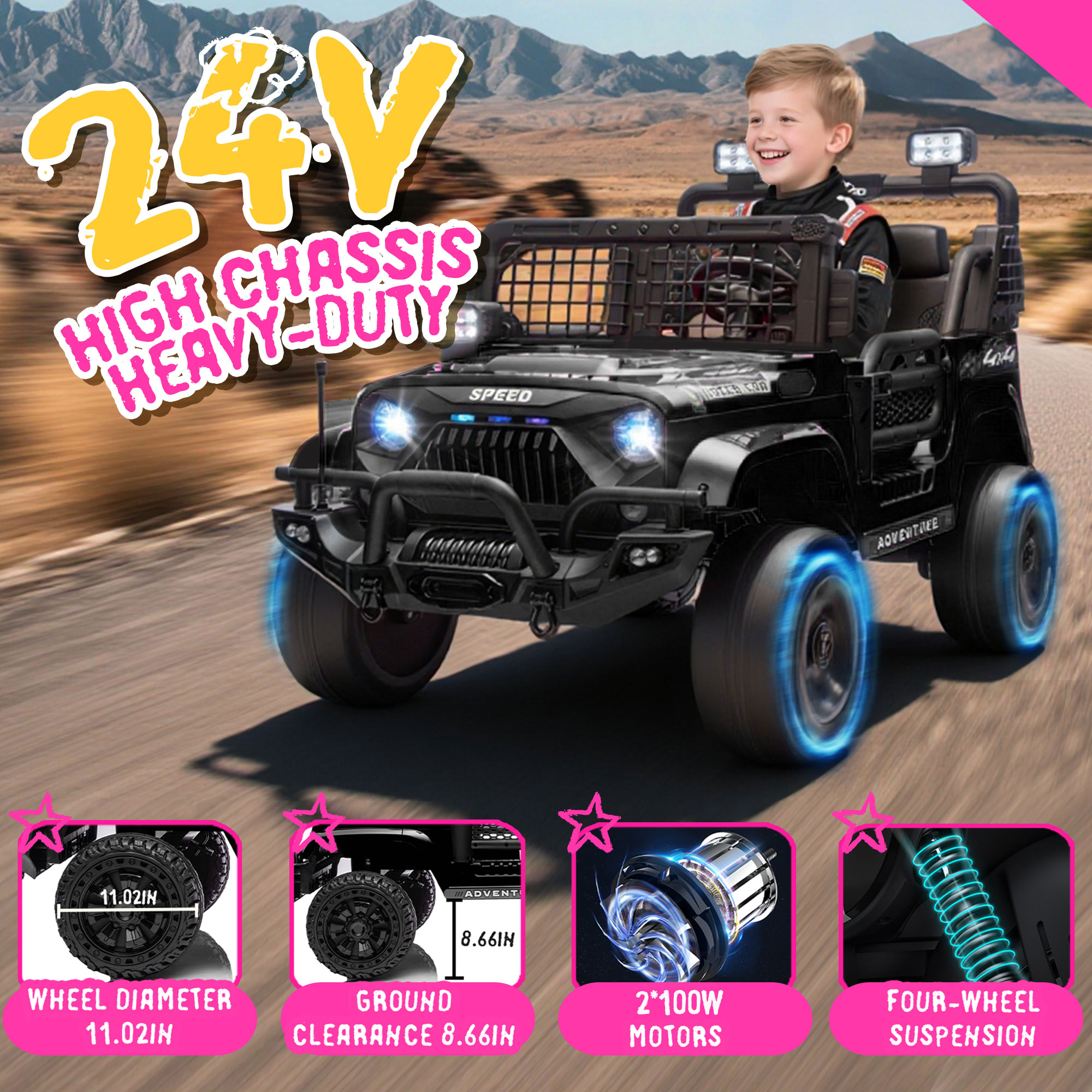 24V 100Wx2 Two-seater Kids Ride On Car W RC - 3 Speed Adjustable,LED Headlights,4-Wheel Shock Absorption,USB MP3 Charging & Battery Indicator,Bluetooth & Music - Electric Toy Car For Kids 3-8
